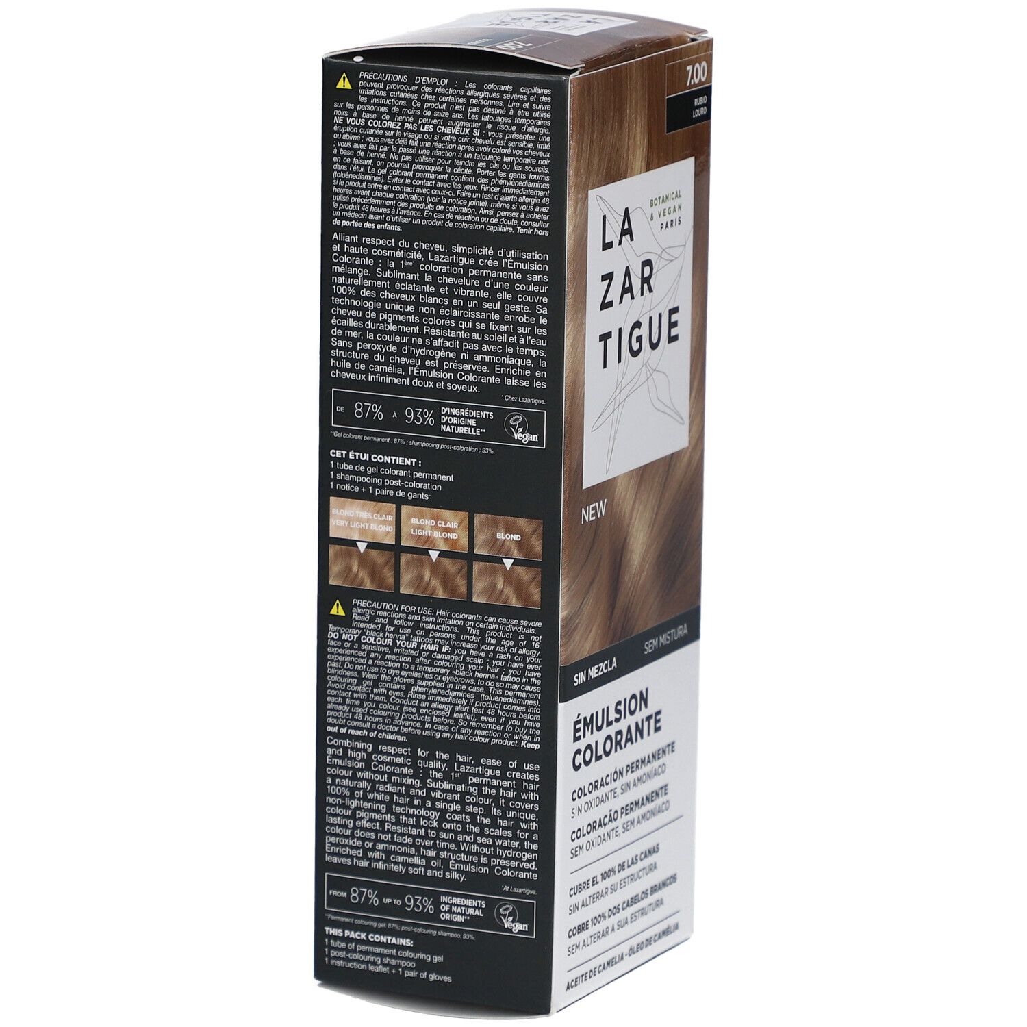 LAZARTIGUE Kleuremulsie. Verpakking met productinfo. Achterkant met tekst en kleurvergelijking.