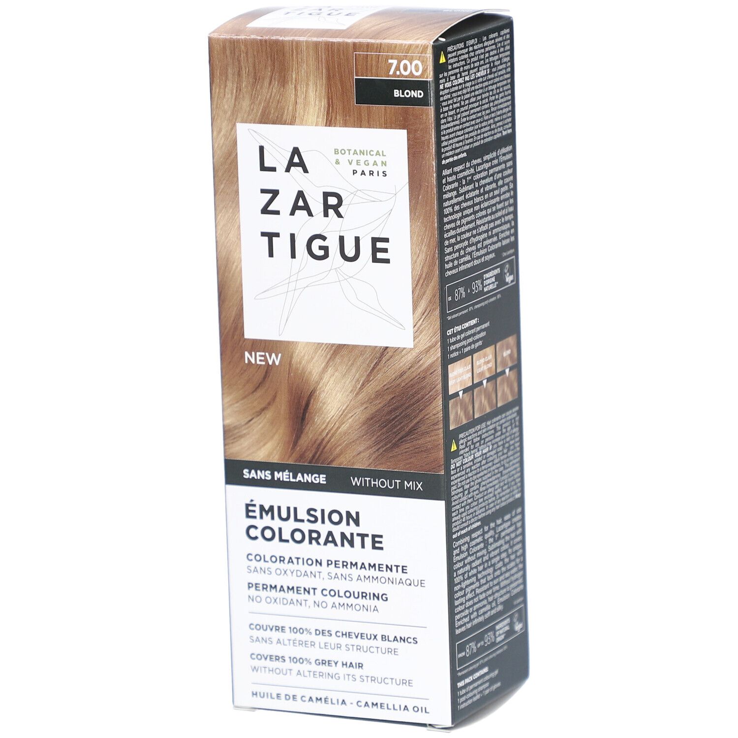LAZARTIGUE Kleuremulsie. Verpakking met productinfo. Tint 7.00. Blond. Botanisch & Vegan.