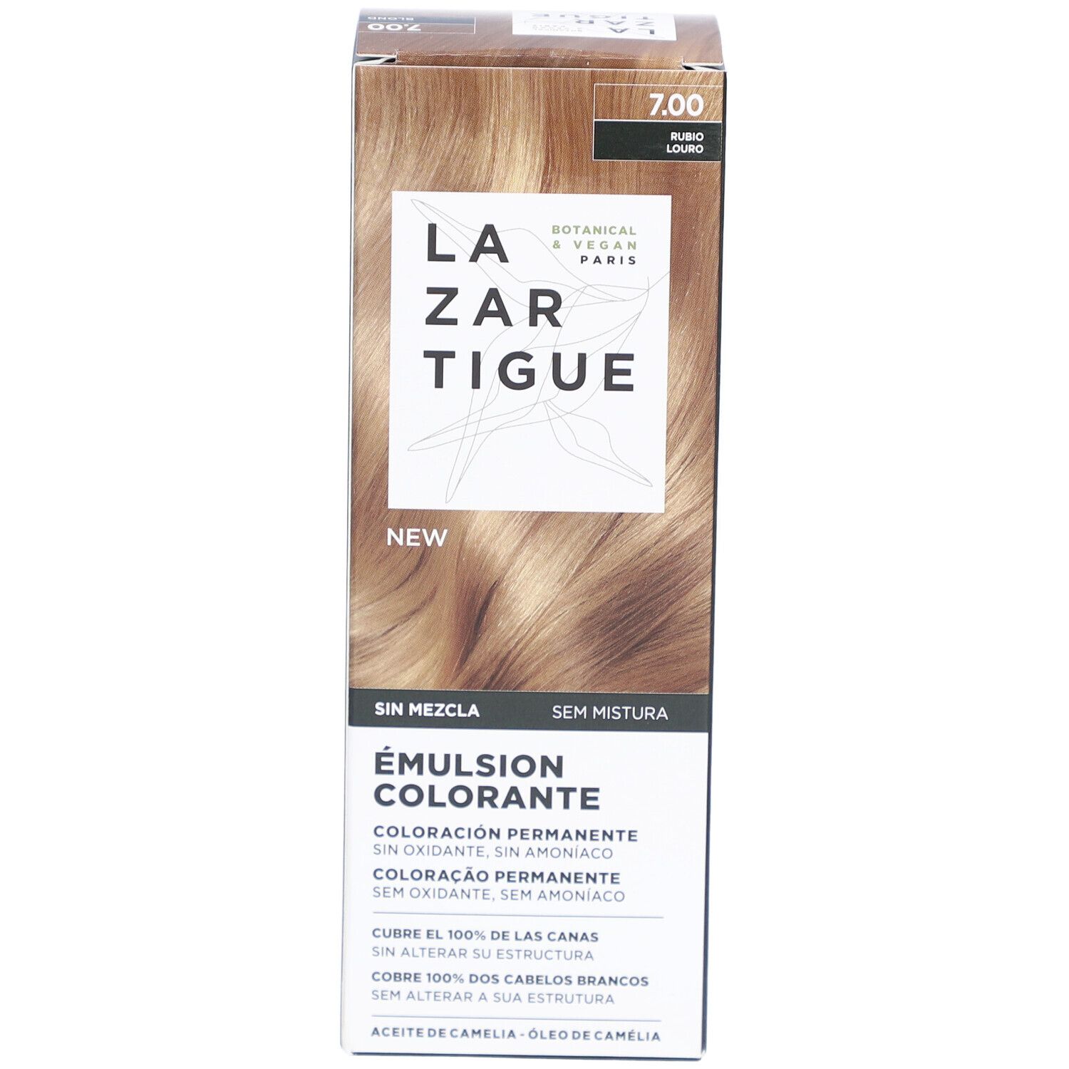 LAZARTIGUE Kleuremulsie. Verpakking met productinfo. Tint 7.00. Botanisch & Vegan.