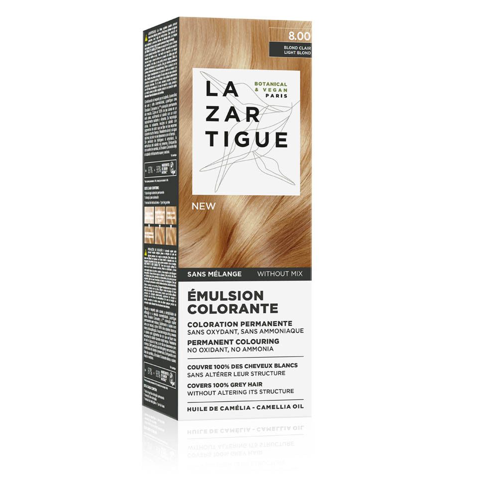 Émulsion colorante LAZARTIGUE. Boîte, vue latérale. Texte: 8.00 Blond Clair. Sans mélange. Botanique & Vegan Paris. Ingrédients.