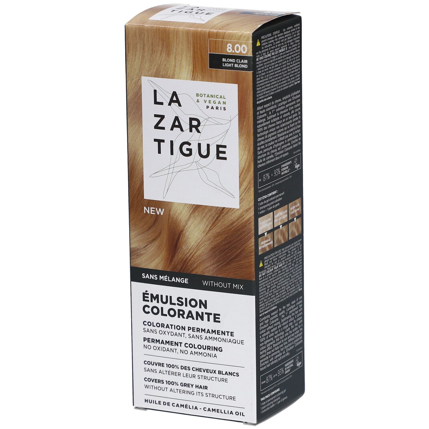 Émulsion colorante LAZARTIGUE. Boîte avec image du produit. Texte: 8.00 Blond Clair. Sans mélange. Botanique & Vegan Paris.