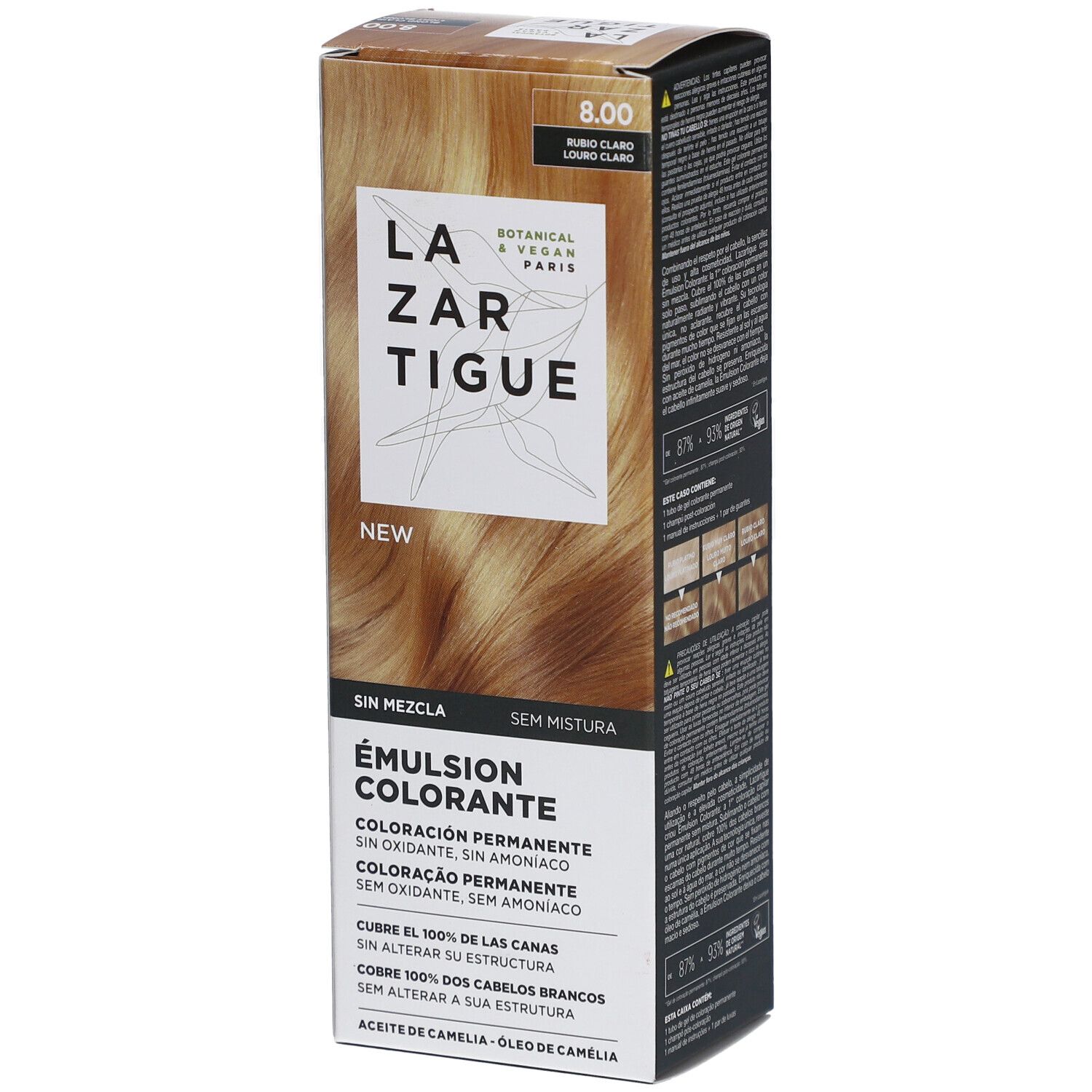 Émulsion colorante LAZARTIGUE. Boîte, vue latérale. Texte: 8.00 Blond Clair. Sans mélange. Botanique & Vegan Paris. Ingrédients.
