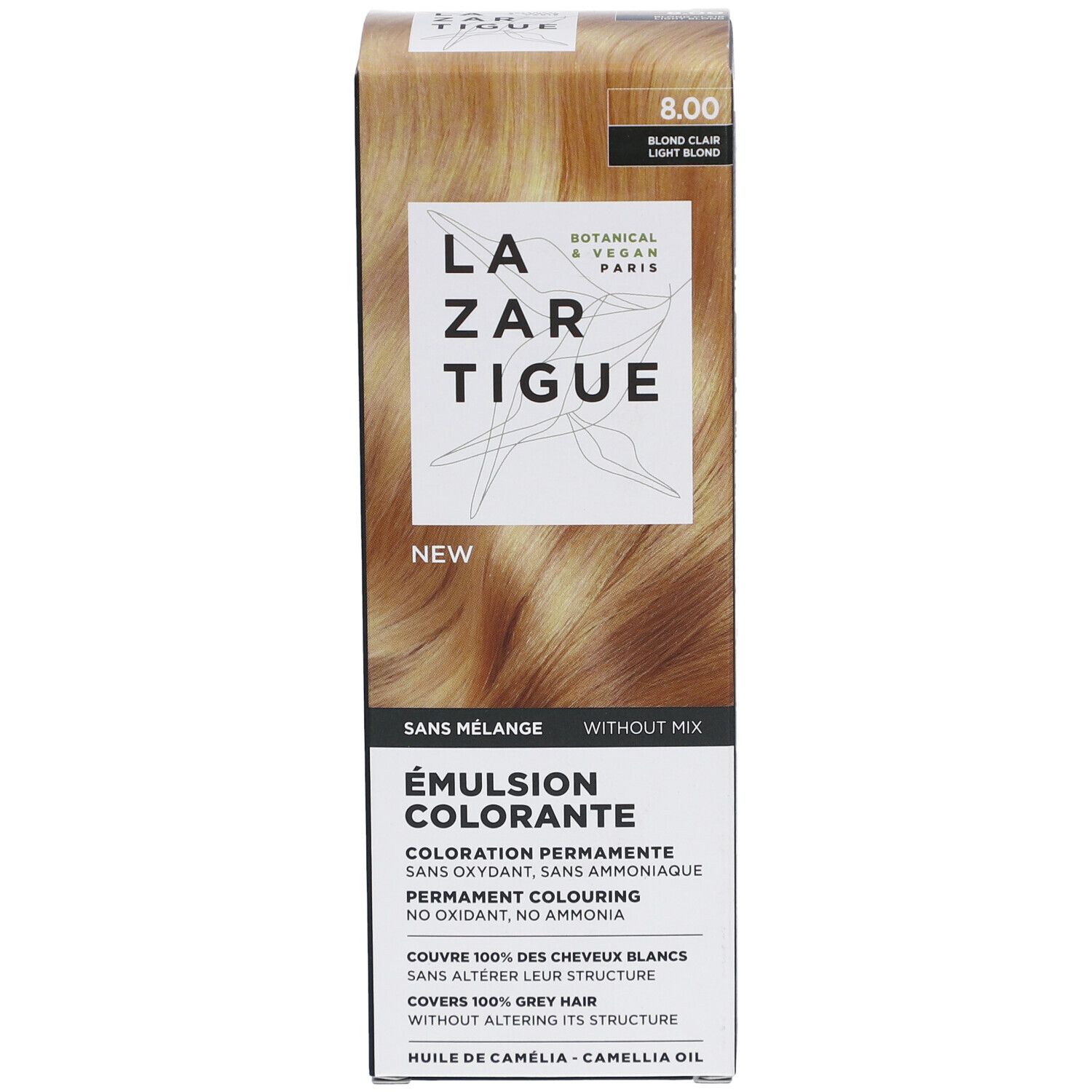 Émulsion colorante LAZARTIGUE. Boîte avec image du produit. Texte: 8.00 Blond Clair. Sans mélange. Botanique & Vegan Paris.