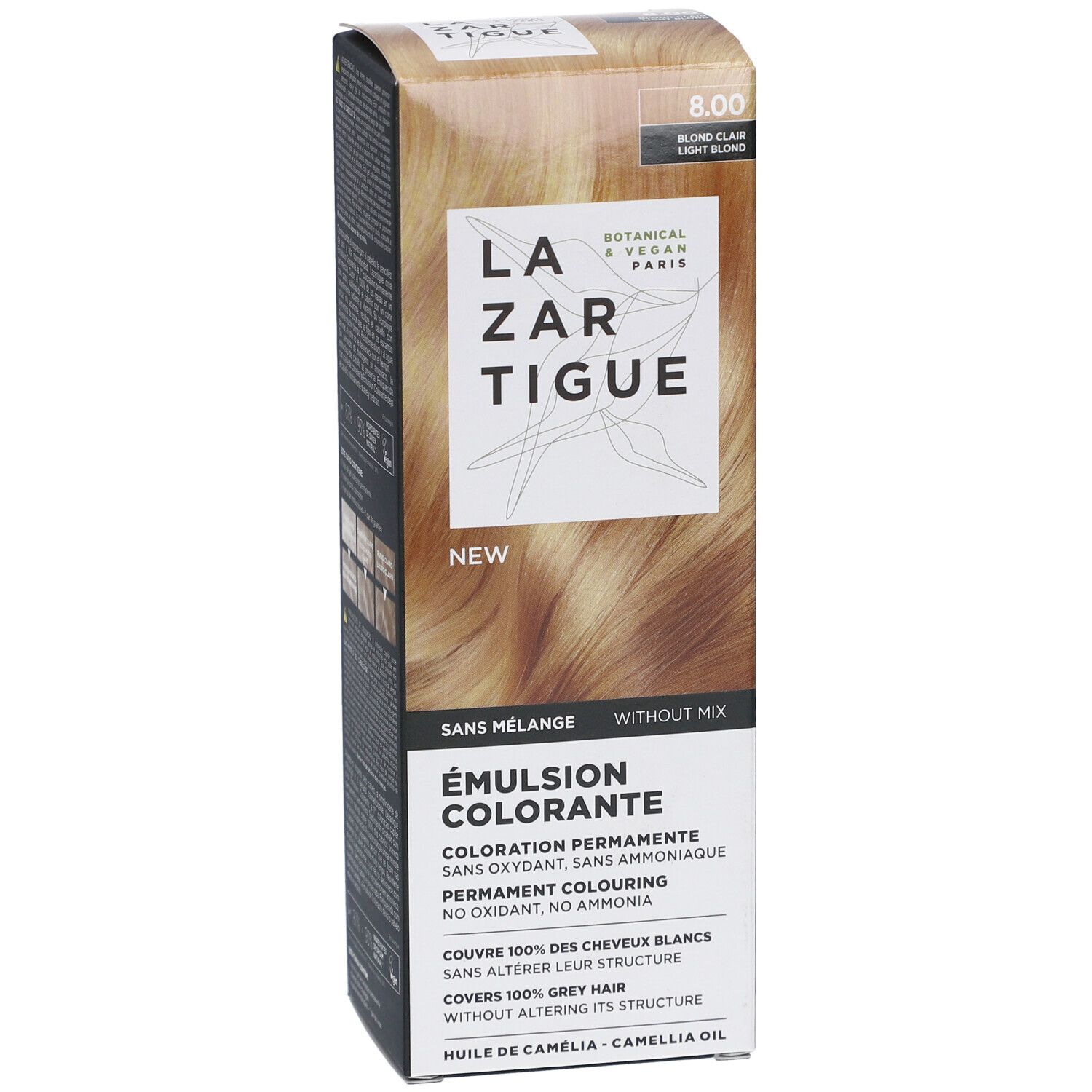 Émulsion colorante LAZARTIGUE. Boîte avec image du produit. Texte: 8.00 Blond Clair. Sans mélange. Botanique & Vegan Paris.