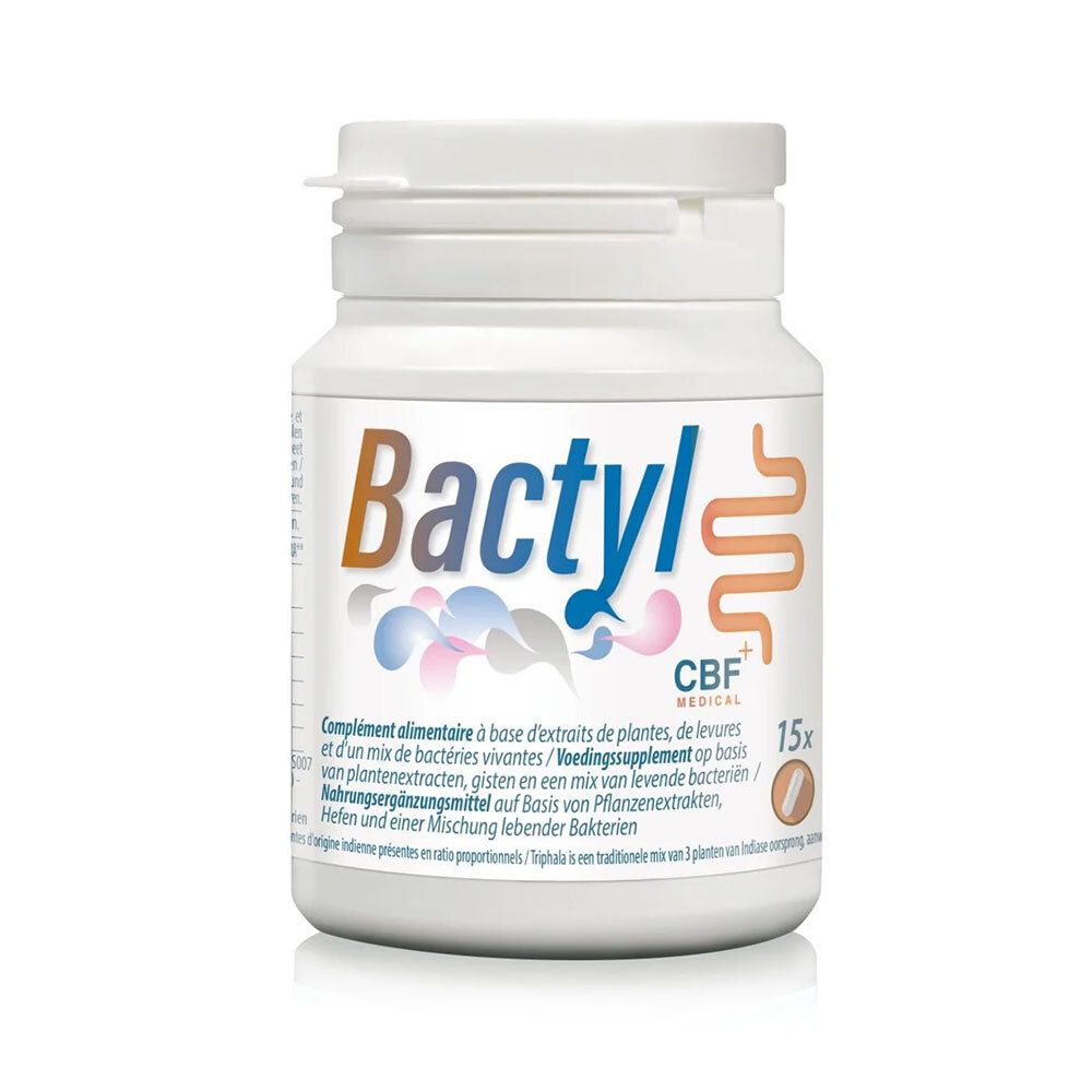 Weiße Flasche mit "Bactyl"-Logo und CBF Medical. Enthält 15x. Text in Französisch, Niederländisch und Deutsch.