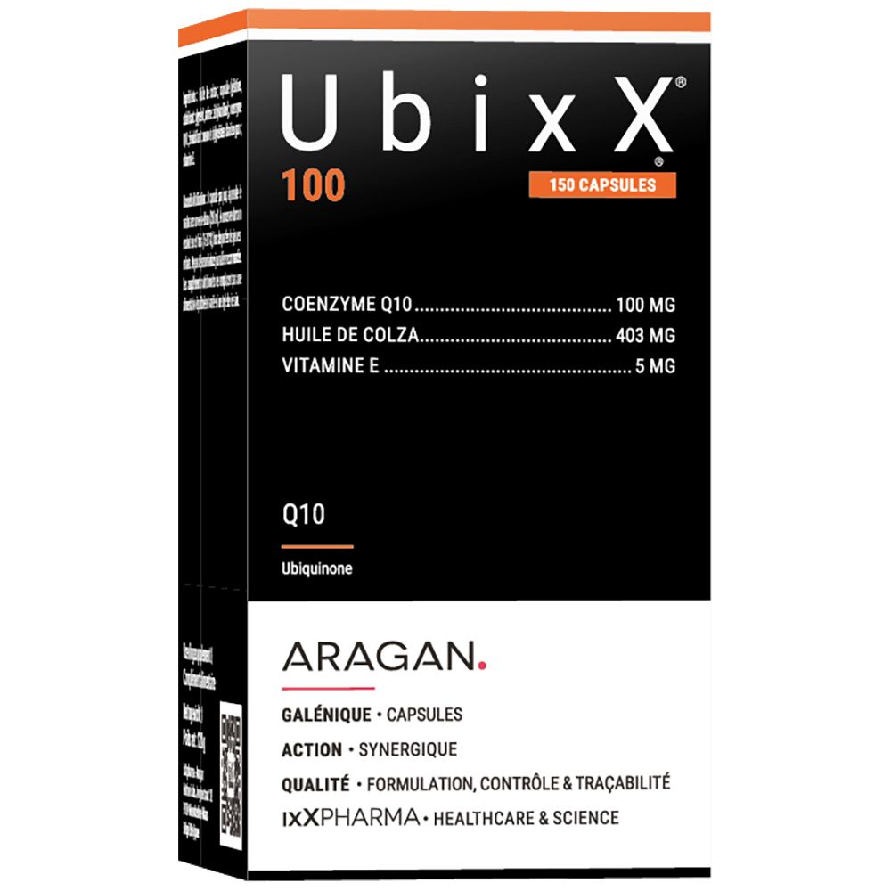 Boîte UbixX 100. Inscription Q10, 150 capsules. Ingrédients. Marque ARAGAN.