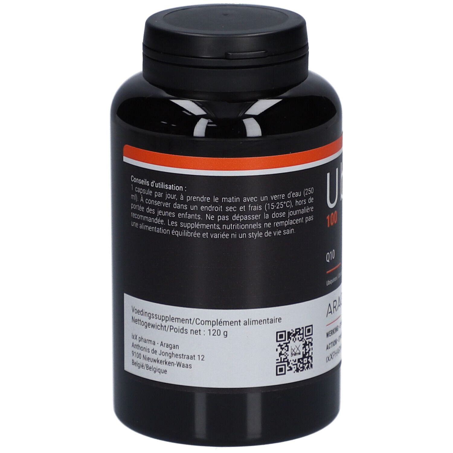 Flacon noir UbixX 100. Inscription Q10, 120 g. Marque ARAGAN. Avec code QR et texte.