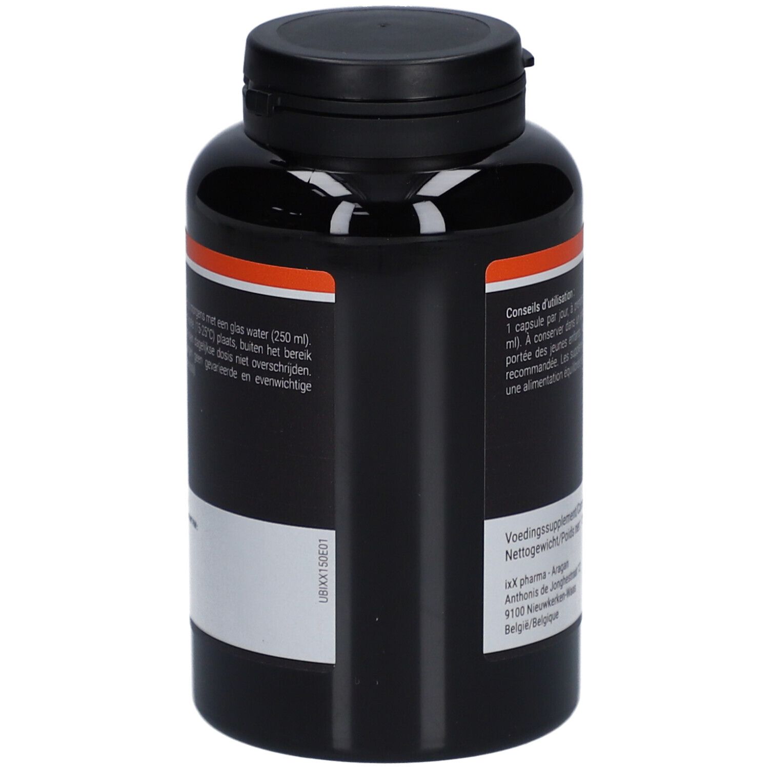 Flacon noir UbixX 100. Inscription Q10. Texte et code QR. Bouchon noir.