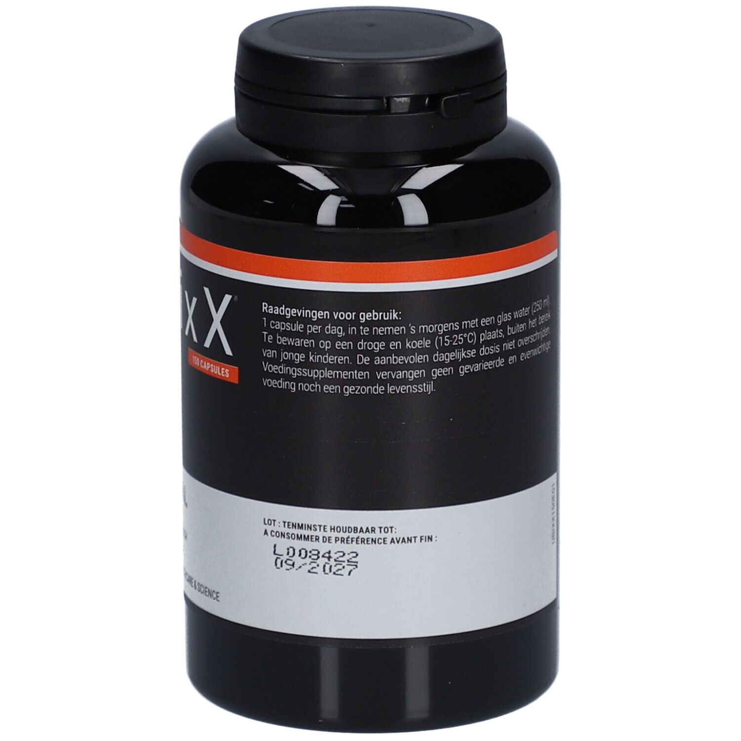Flacon noir UbixX 100. Inscription Q10, 150 capsules. Texte et code QR. Bouchon noir.