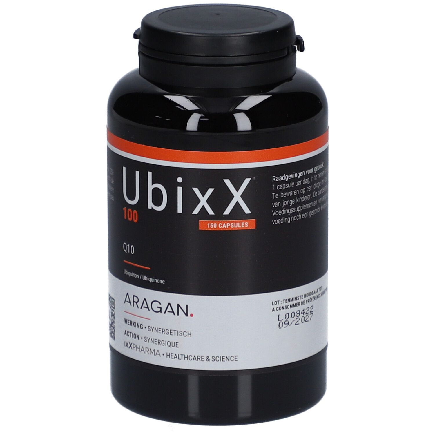 Flacon noir UbixX 100. Inscription Q10, 150 capsules. Marque ARAGAN. Bouchon noir.