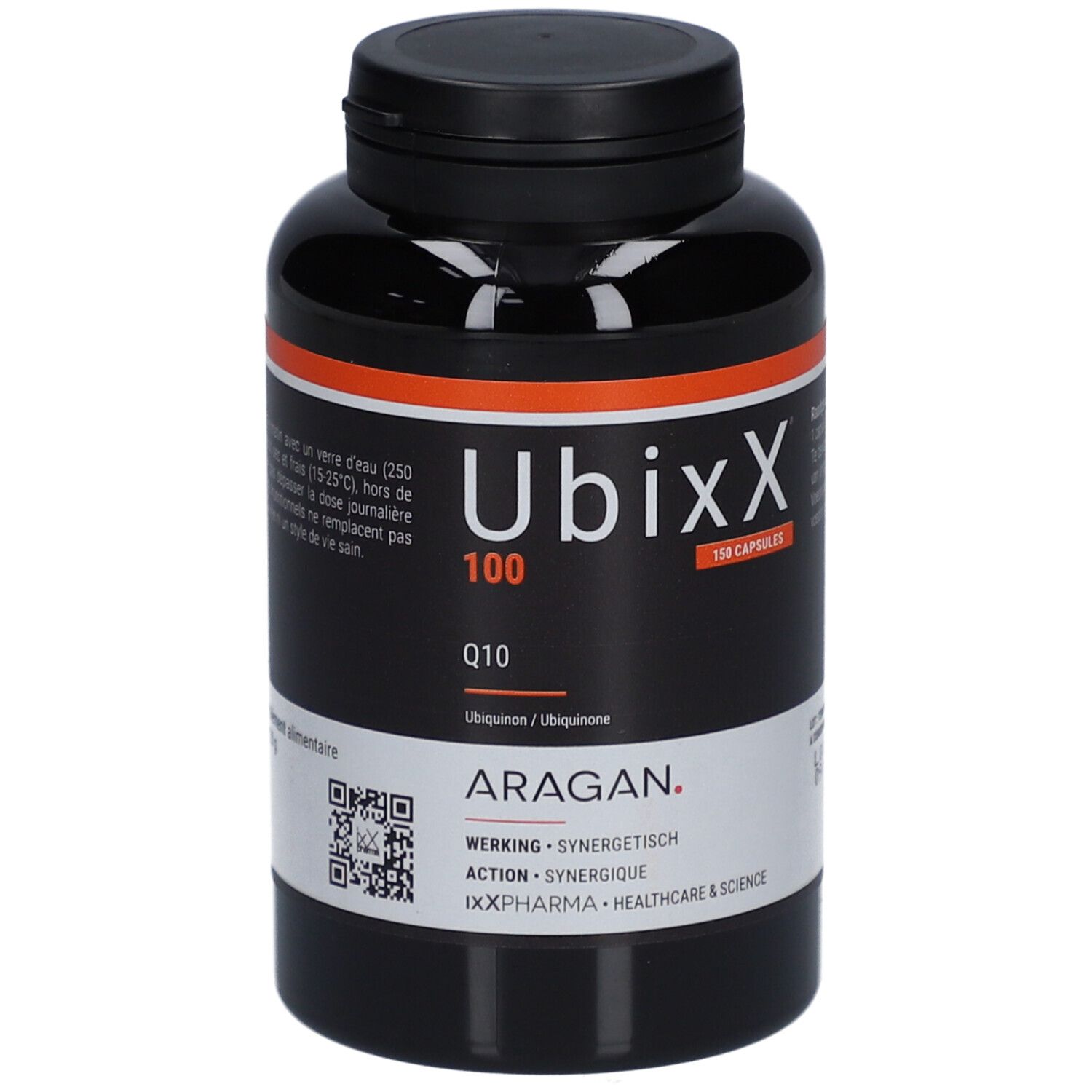 Flacon noir UbixX 100. Inscription Q10, 150 capsules. Marque ARAGAN. Bouchon noir.