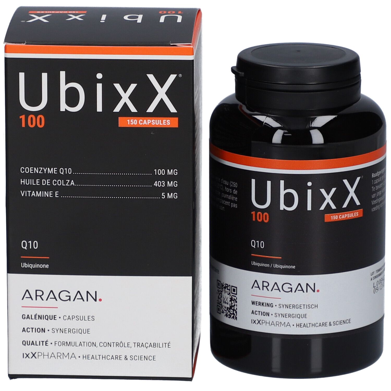 Boîte et flacon UbixX 100. Inscription Q10, 150 capsules. Ingrédients. Marque ARAGAN.