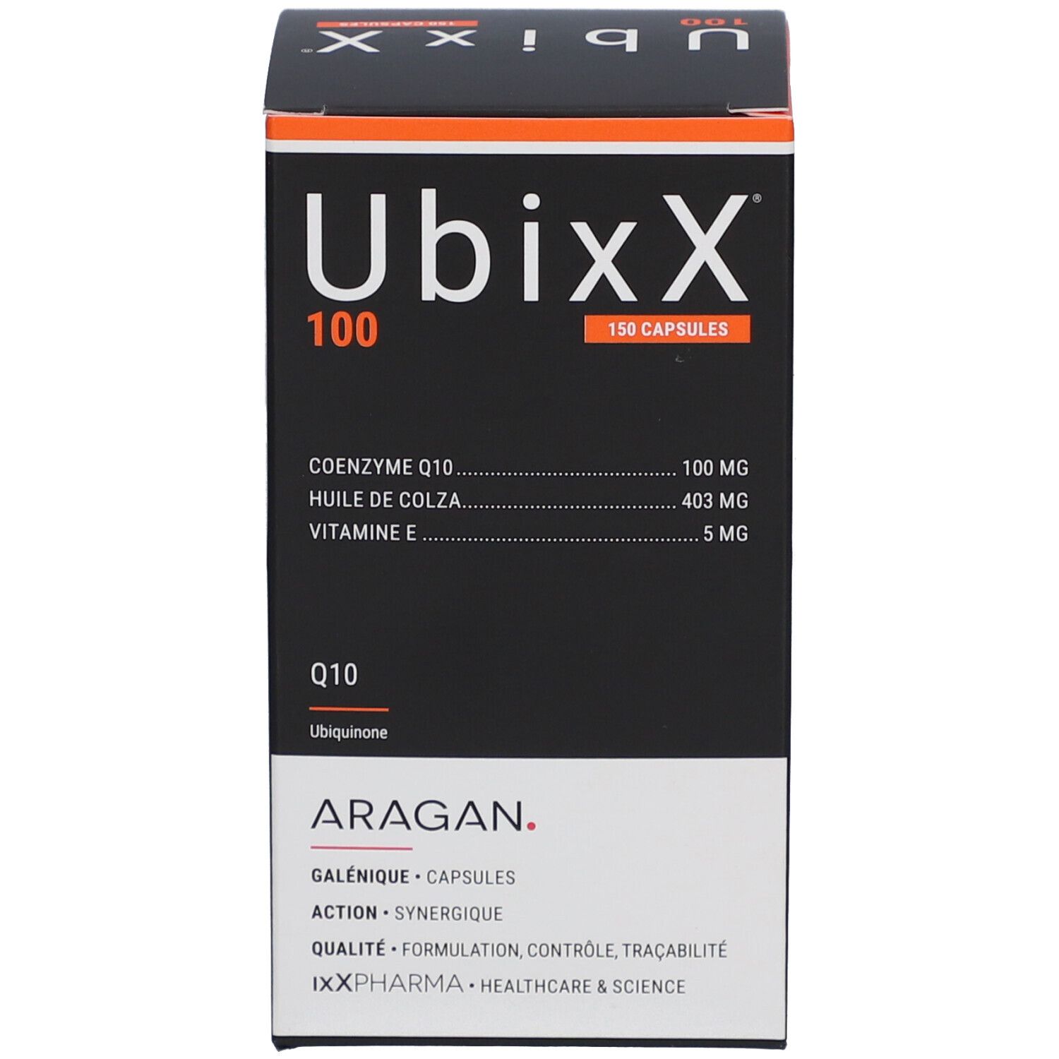 Boîte UbixX 100. Inscription Q10, 150 capsules. Ingrédients. Marque ARAGAN.