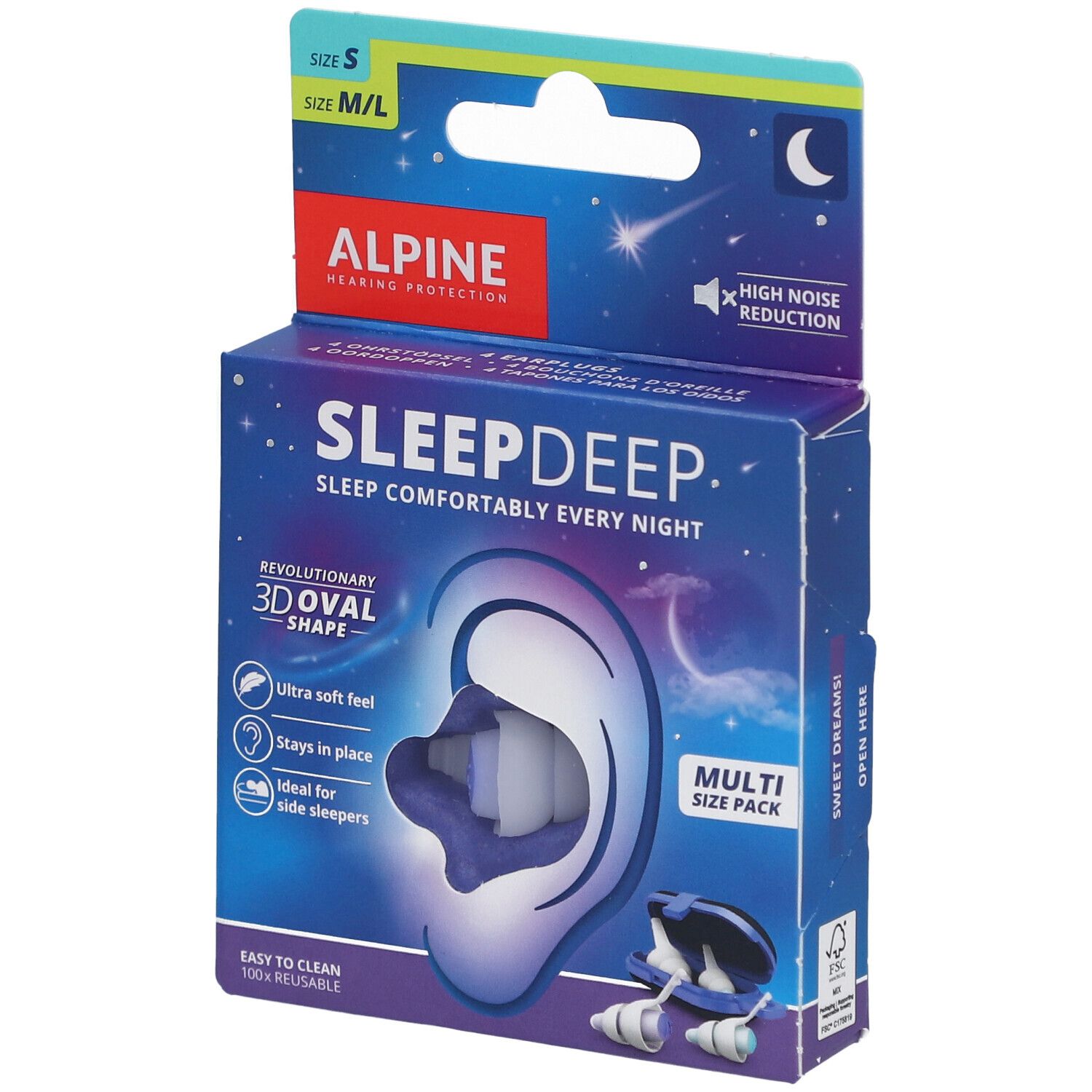 Alpine SleepDeep oordopjes verpakking. Meerdere maten. Geluidsreductie. 3D ovale vorm. Herbruikbaar.
