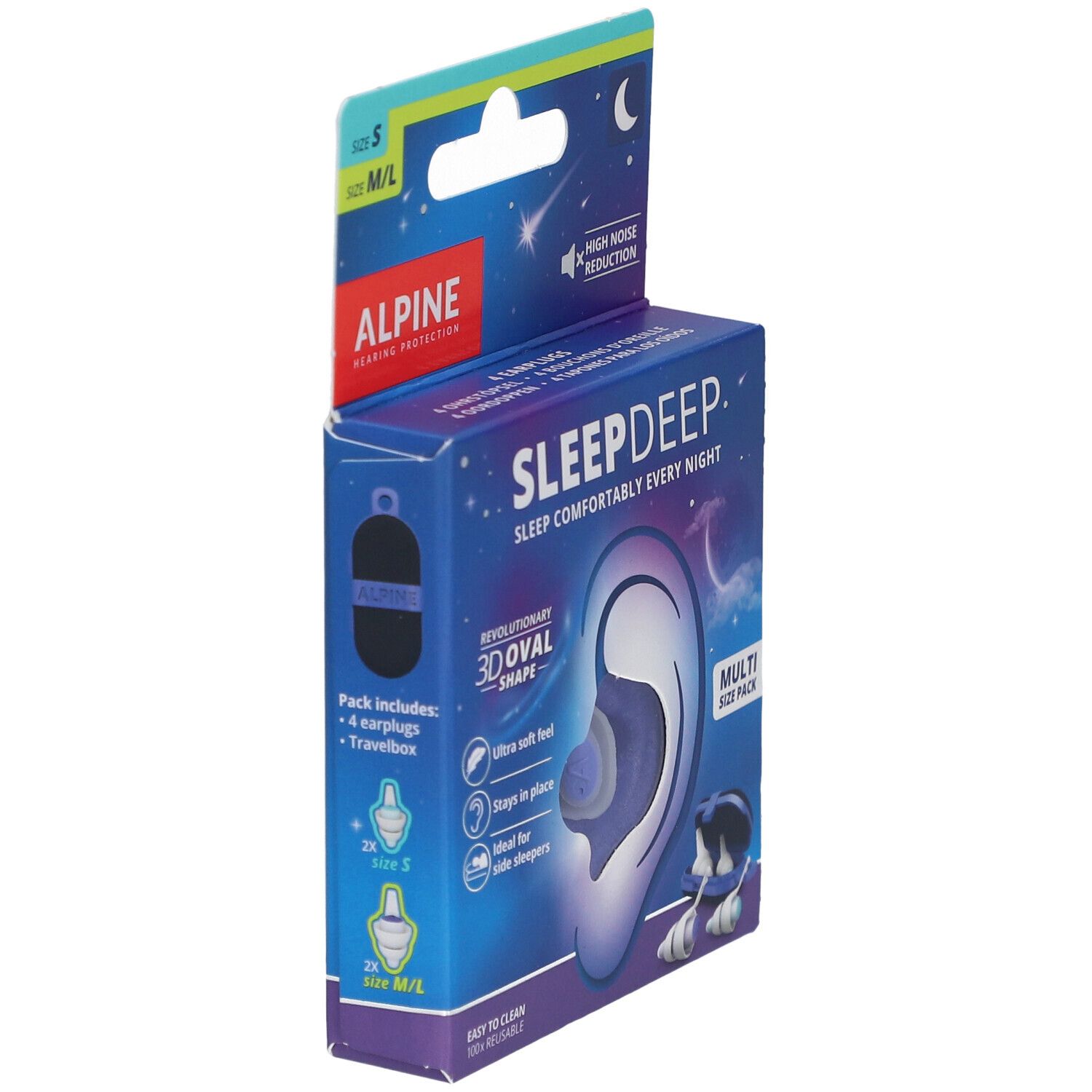 Alpine SleepDeep oordopjes verpakking. Meerdere maten. Bevat 4 oordopjes en een reisetui. 3D ovale vorm.