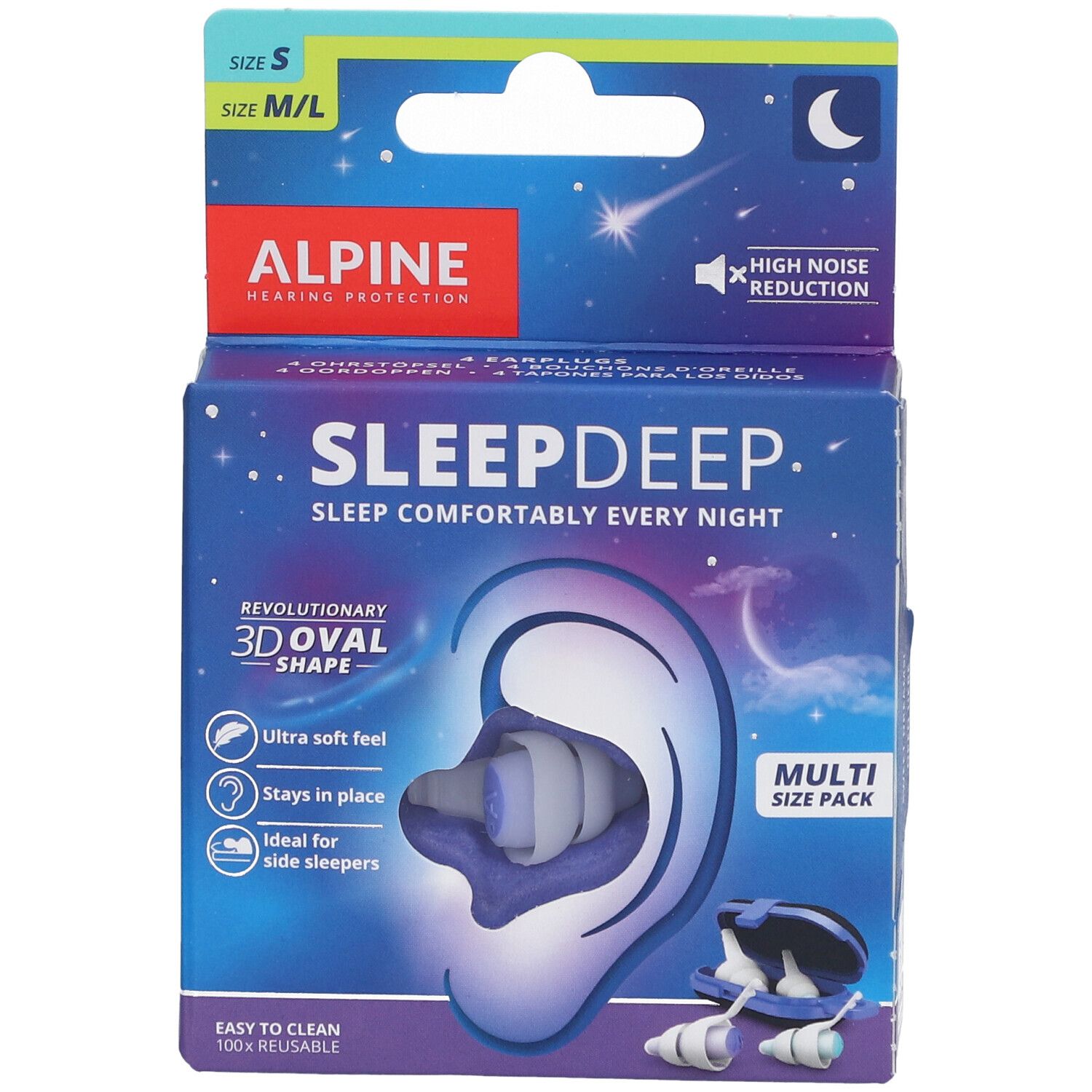Alpine SleepDeep oordopjes verpakking. Meerdere maten. Geluidsreductie. 3D ovale vorm. Herbruikbaar.