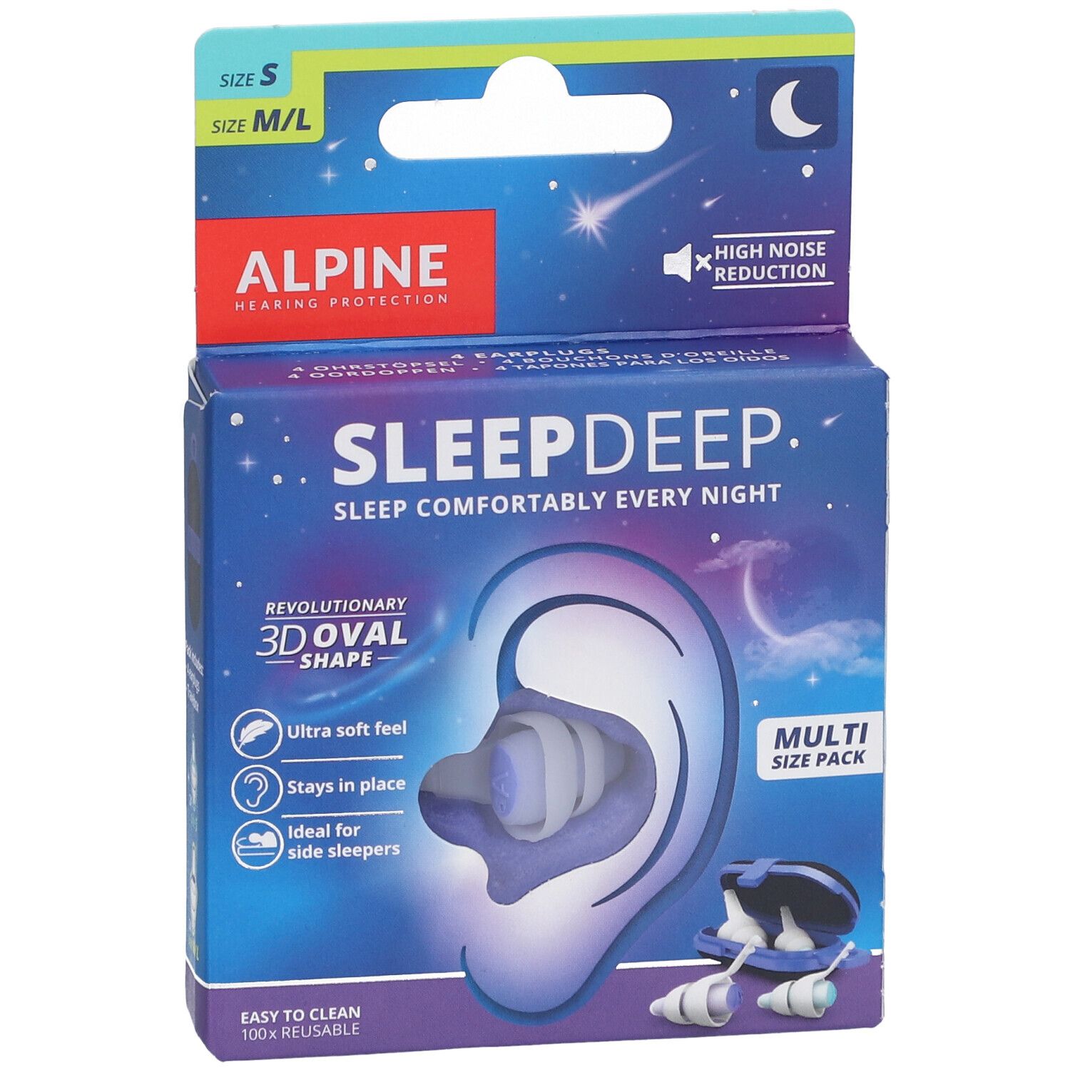 Alpine SleepDeep oordopjes verpakking. Meerdere maten. Geluidsreductie. 3D ovale vorm. Herbruikbaar.