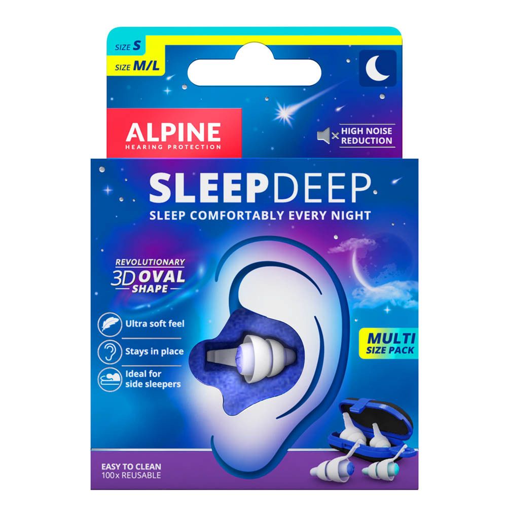 Alpine SleepDeep oordopjes verpakking. Meerdere maten. Geluidsreductie. 3D ovale vorm. Herbruikbaar.