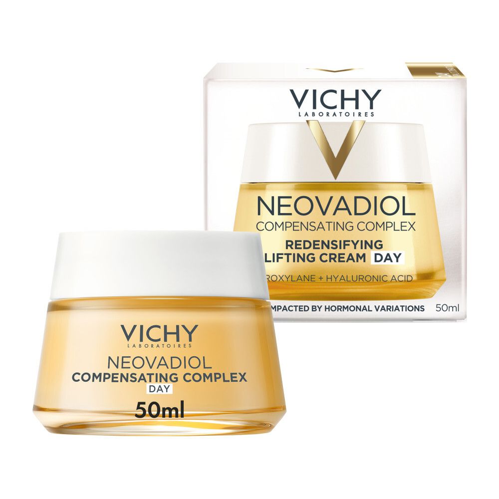 Vichy Neovadiol crème pot. Pot met witte deksel. Opschrift: Neovadiol, Compensating Complex Day. 50ml.