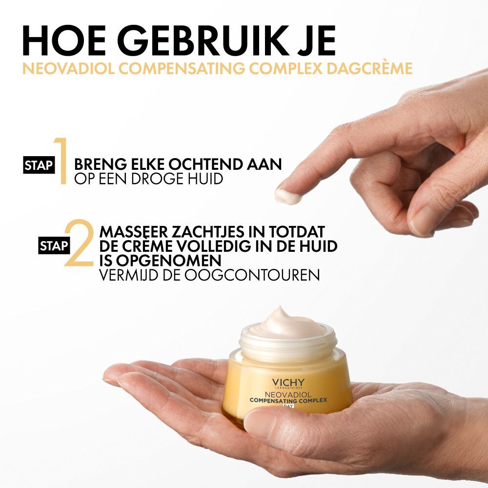 Handen houden crème pot. Opschrift: Vichy Neovadiol, Compensating Complex Day. Gebruiksstappen.