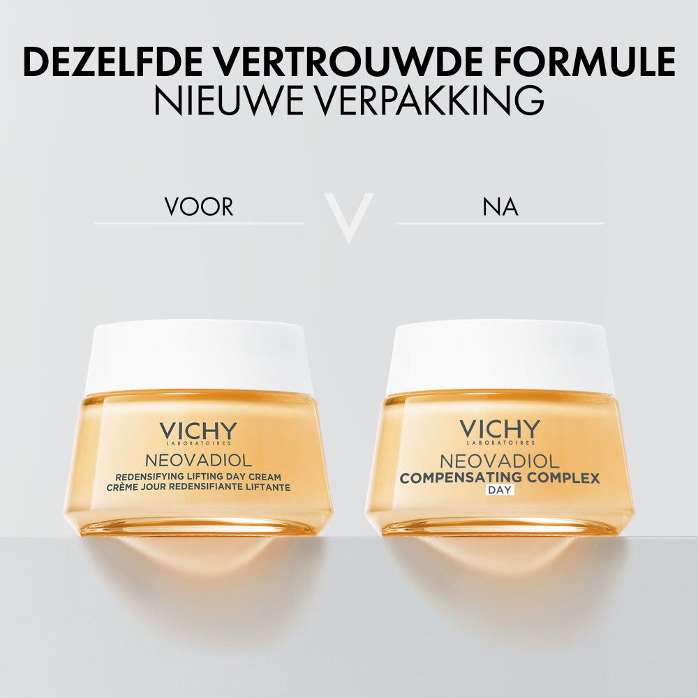 Voor-na vergelijking. Vichy Neovadiol crème pot. Opschrift: Vichy Neovadiol, Compensating Complex Day.