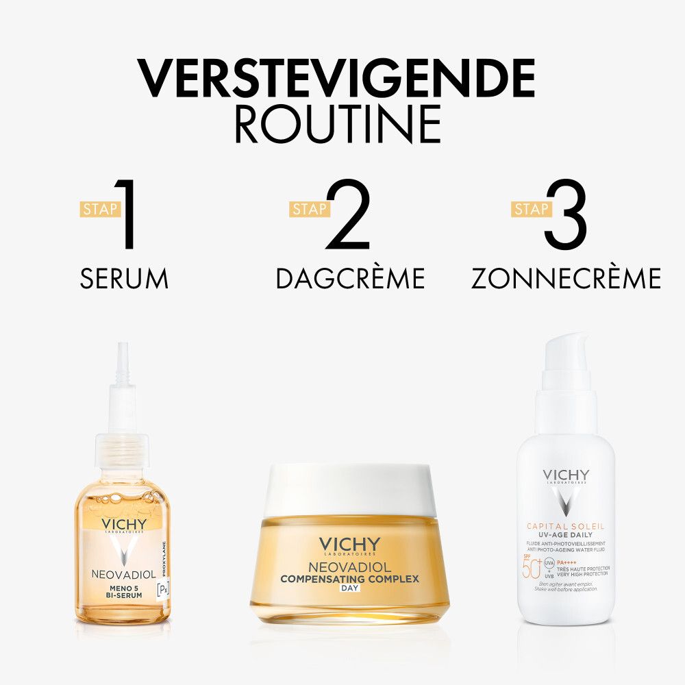 Vichy Neovadiol producten. Serum, dagcrème en zonnecrème. Opschrift: Neovadiol.