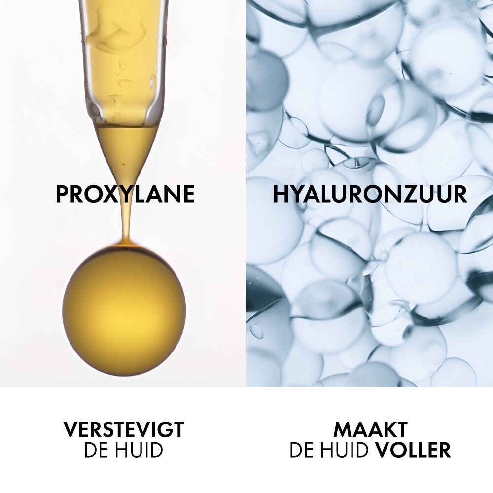 Close-up van Pro-Xylane en hyaluronzuur. Opschrift: Verstevigt de huid, Maakt de huid voller.
