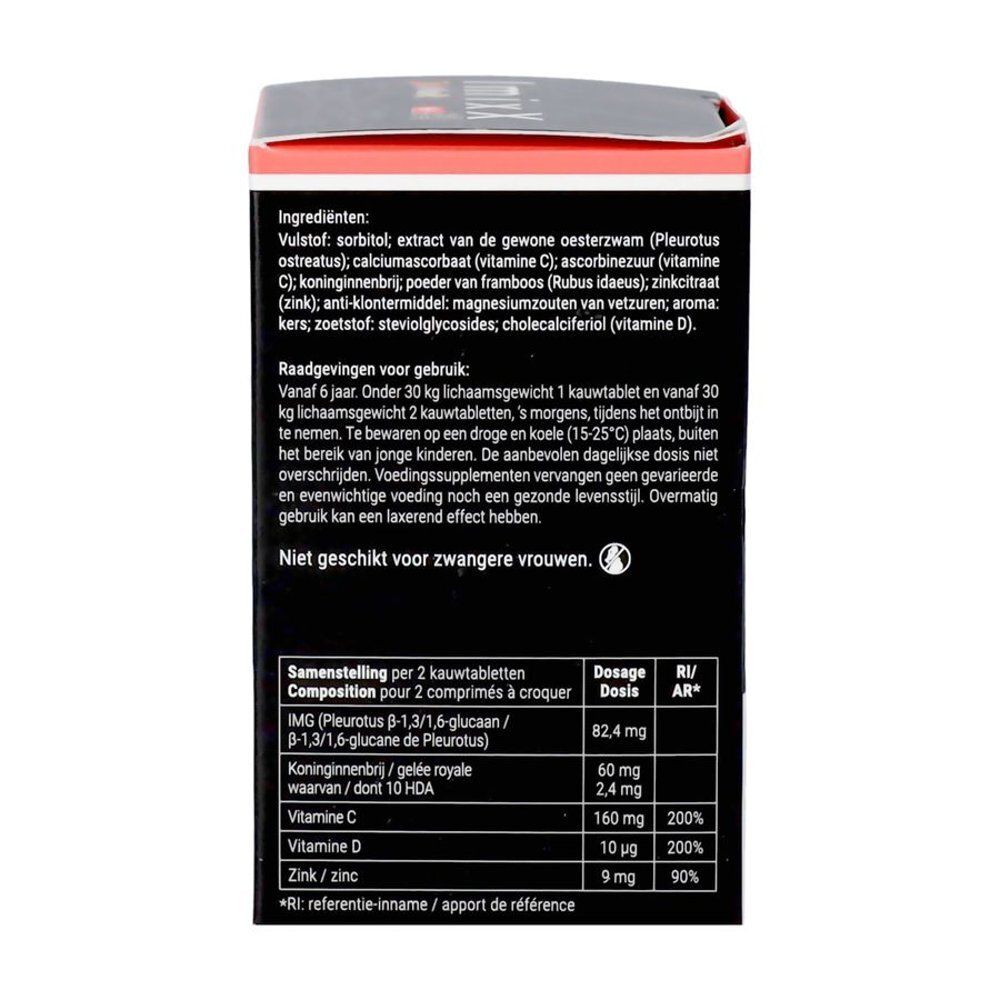 Achterkant van de doos met voedingswaarde-informatie. Bevat vitamine C, D, zink en andere ingrediënten. Dosering per 2 tabletten.