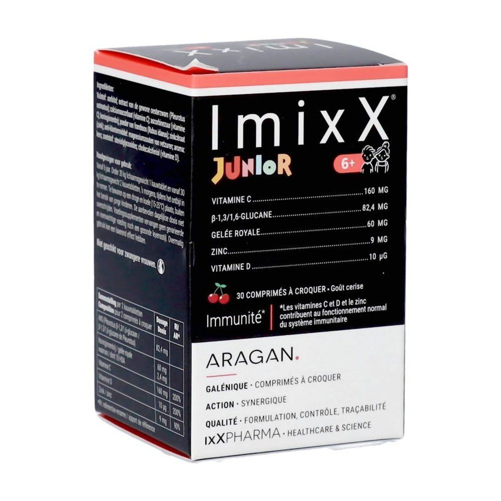 Doos Imixx Junior. Bevat vitamine C, D, zink en koninginnengelei. 30 kauwtabletten. Met opschrift 6+.