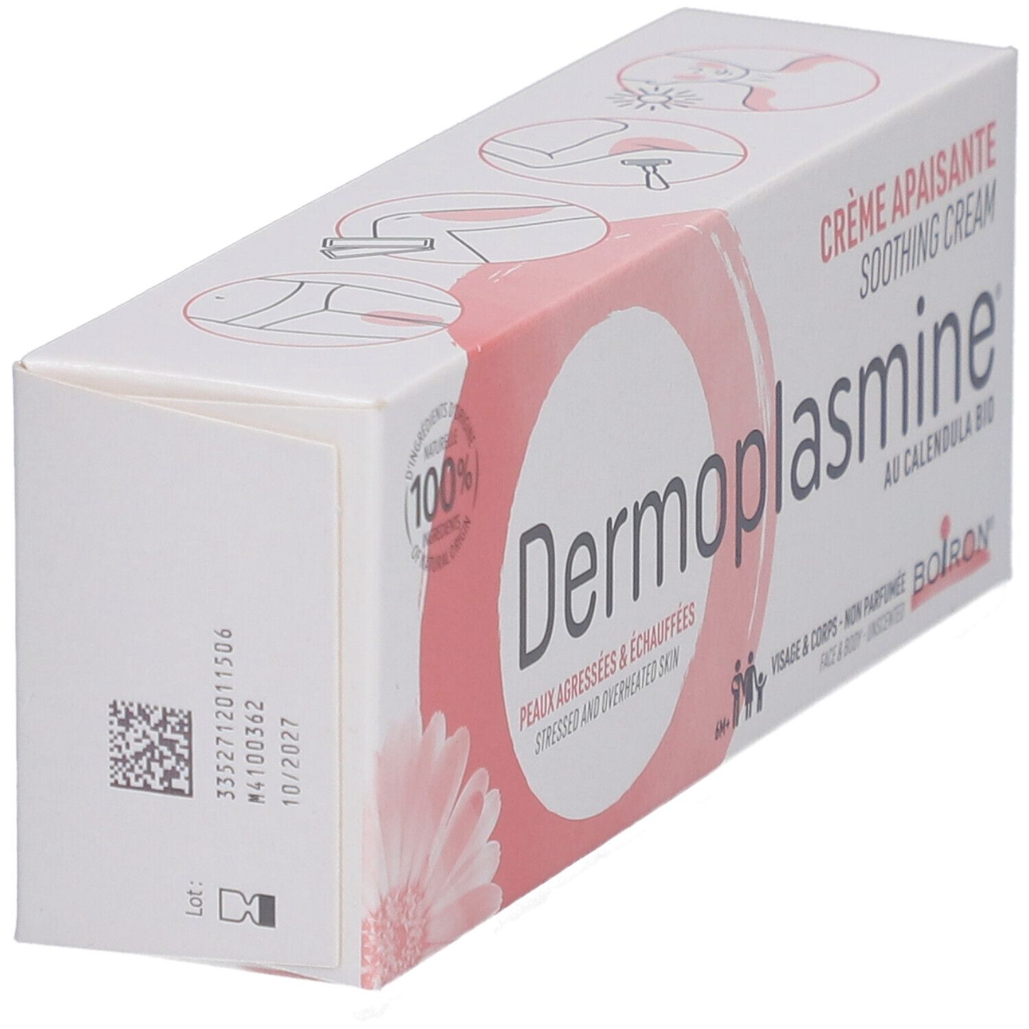 Schräg gestellte weiße Schachtel mit rosa Akzenten. Aufschrift: Dermoplasmine, Crème apaisante, au Calendula bio.