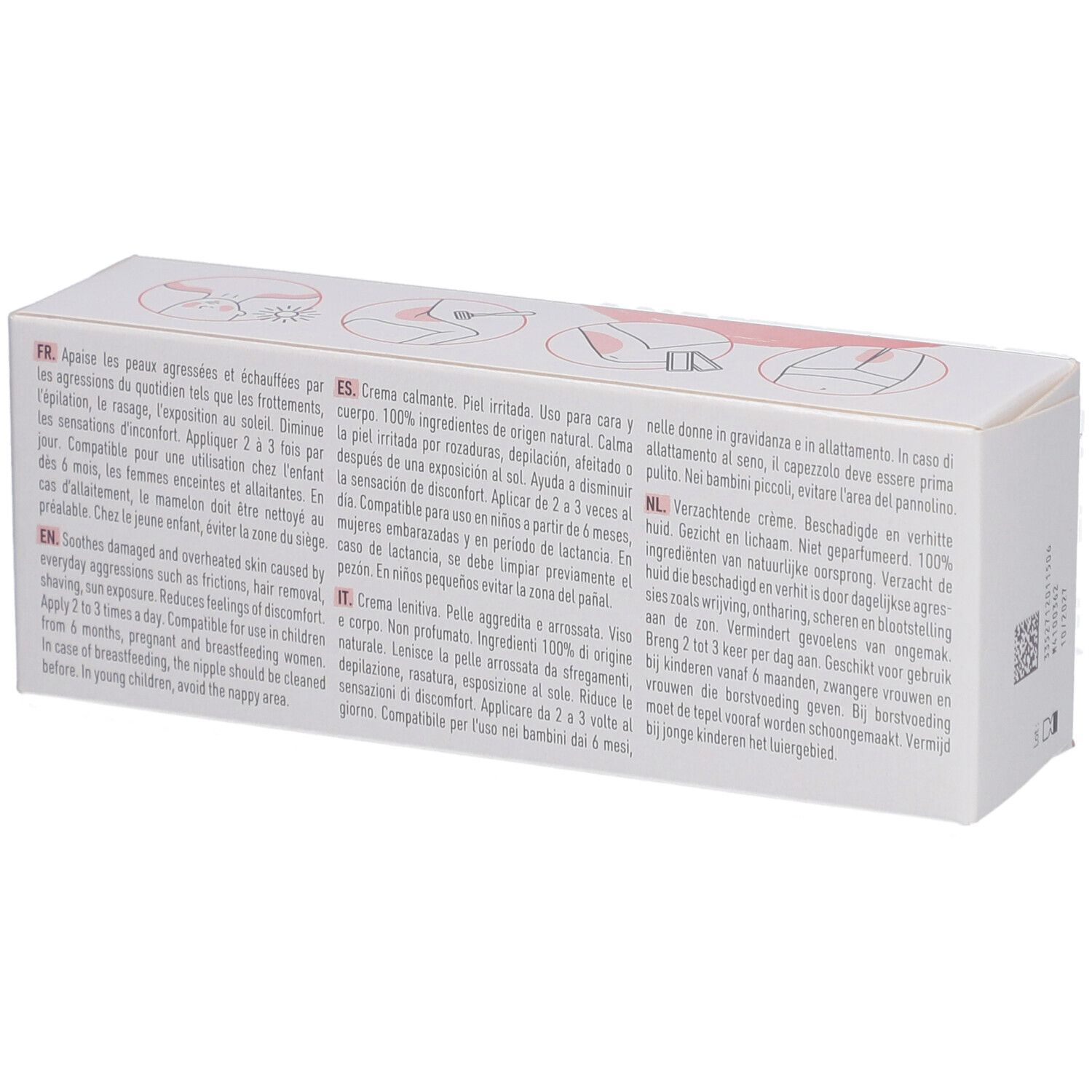Weiße Schachtel mit Text in mehreren Sprachen. Aufschrift: Dermoplasmine, Crème apaisante, au Calendula bio.
