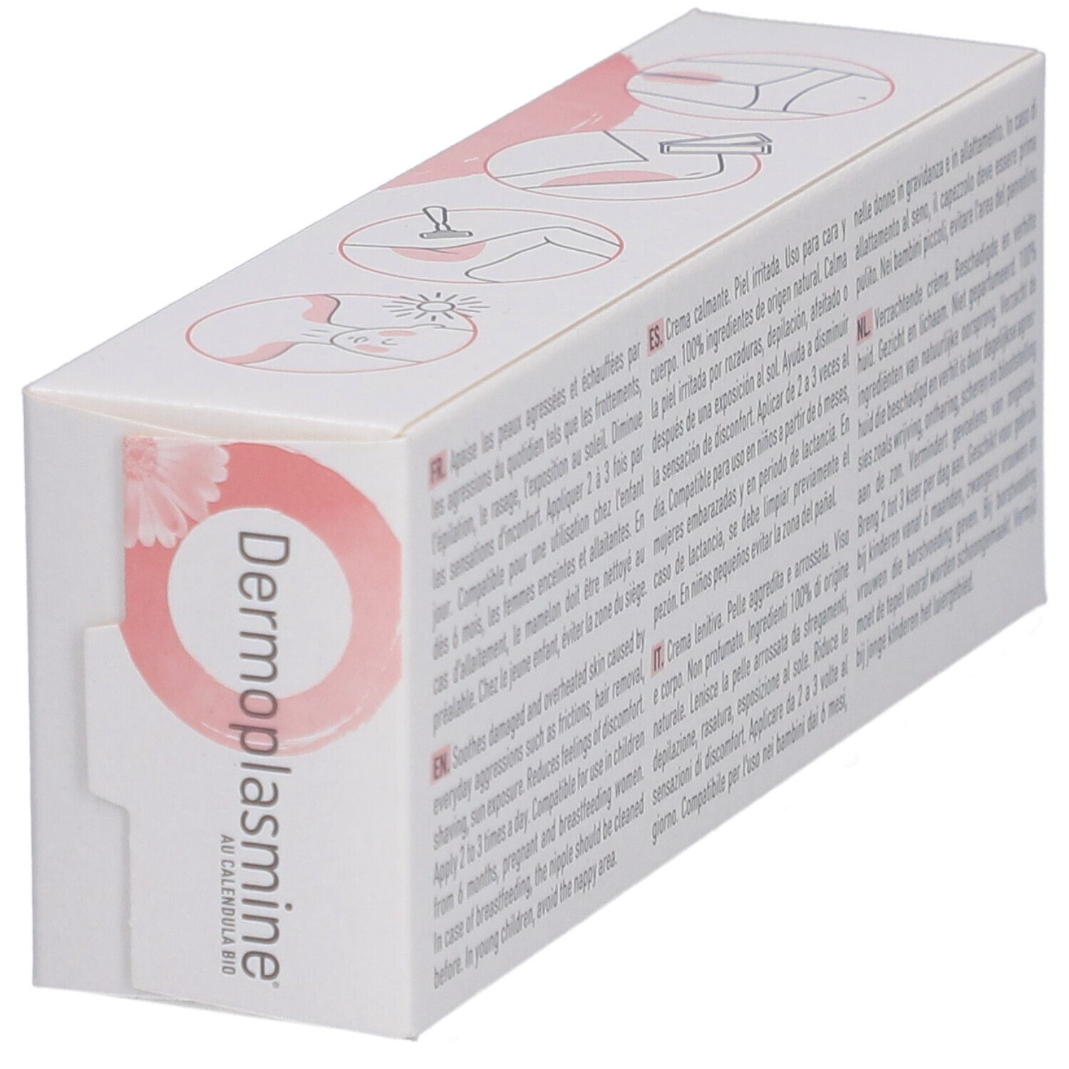 Schräg gestellte weiße Schachtel mit Text in mehreren Sprachen. Aufschrift: Dermoplasmine, au Calendula bio.