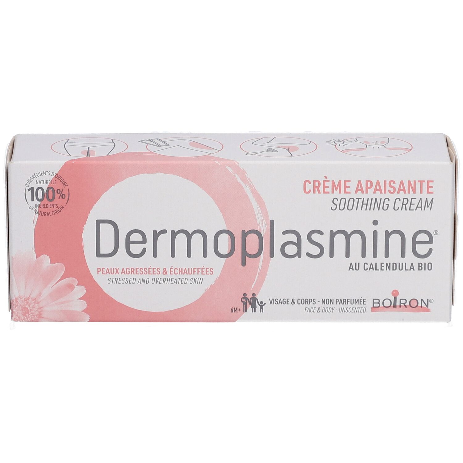 Weiße Schachtel mit rosa Akzenten. Aufschrift: Dermoplasmine, Crème apaisante, au Calendula bio. Boiron-Logo.