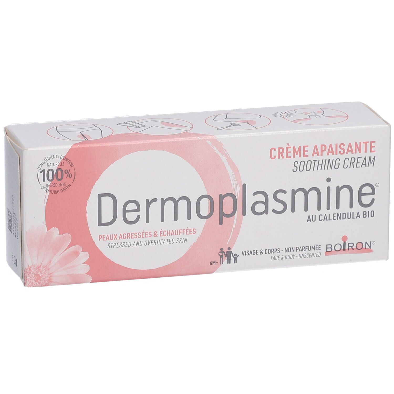 Weiße Schachtel mit rosa Akzenten. Aufschrift: Dermoplasmine, Crème apaisante, au Calendula bio. Boiron-Logo.