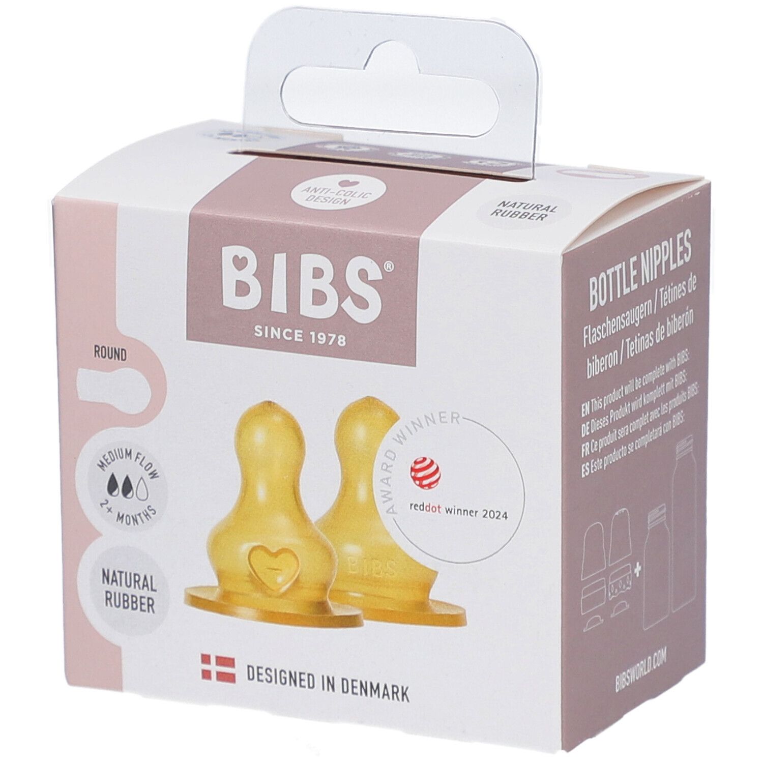 Verpackung mit zwei Latex-Flaschensaugern. BIBS-Logo, roter Punkt-Auszeichnung. Runde Form, mittlere Durchflussmenge.