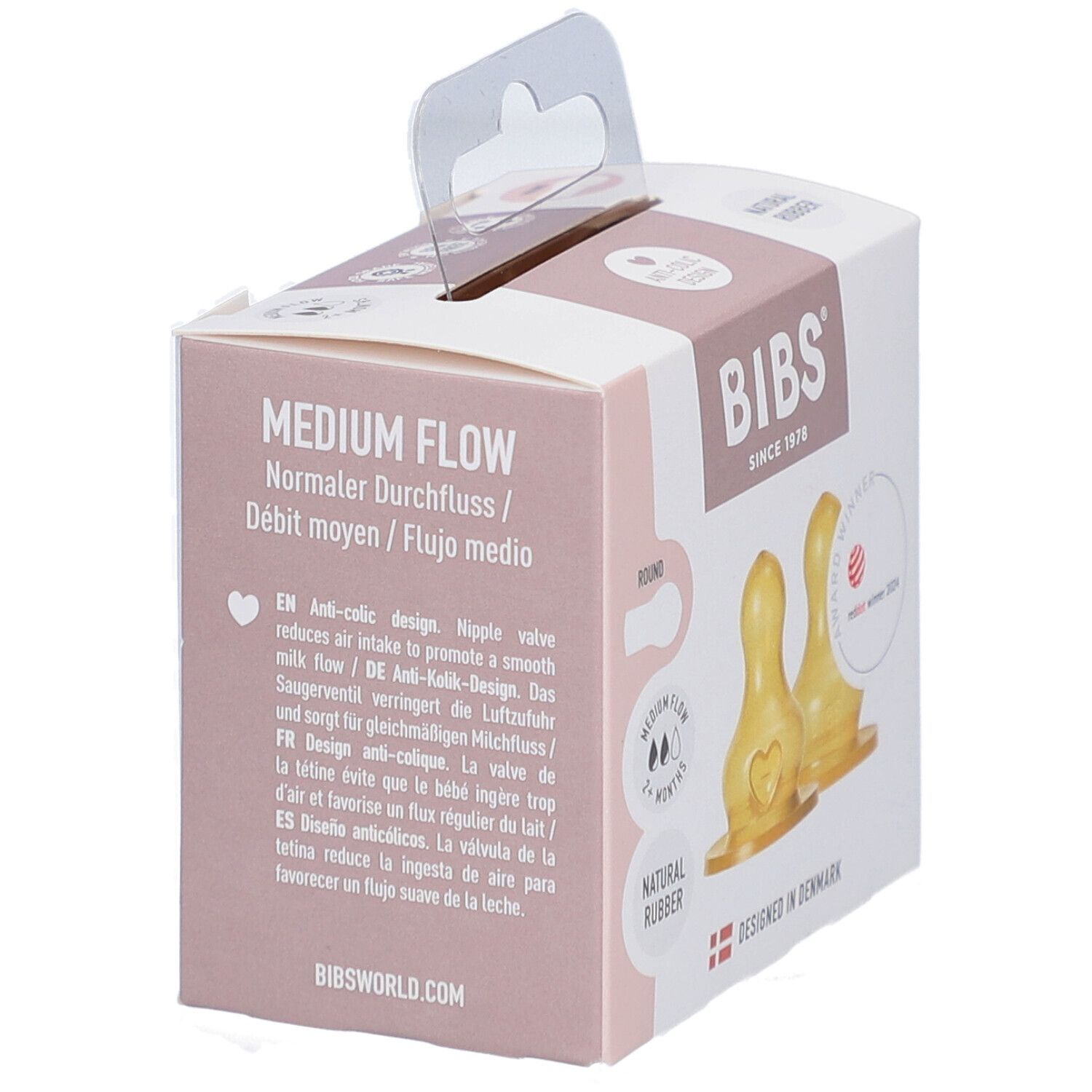 Verpackung mit zwei Latex-Flaschensaugern. BIBS-Logo, roter Punkt-Auszeichnung. Runde Form, mittlere Durchflussmenge.