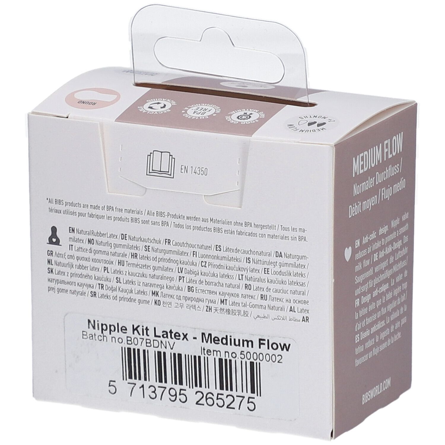 Verpackung mit Informationen zu Flaschensauger-Set. BIBS-Logo, Text in mehreren Sprachen. Chargennummer und Artikelnummer.