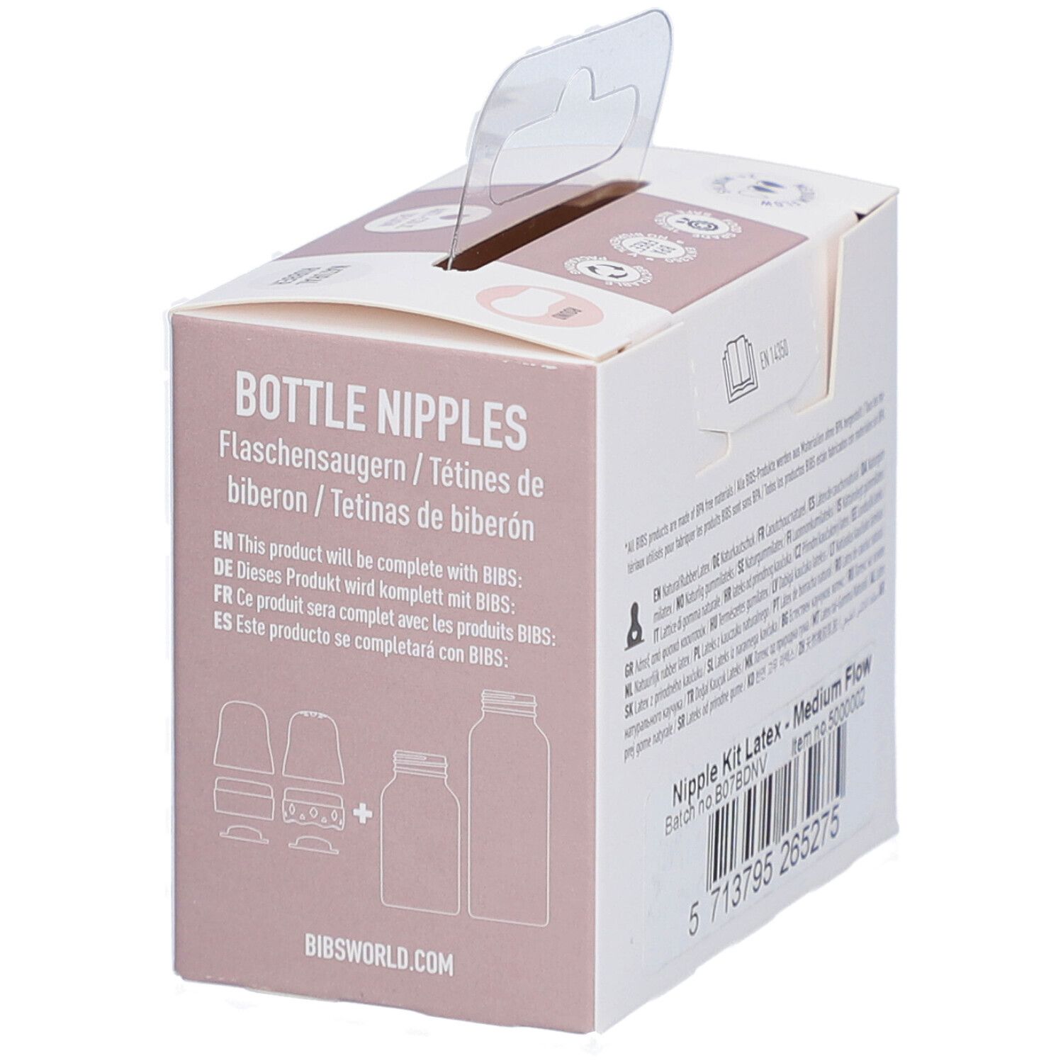 Verpackung mit Informationen zu Flaschensauger-Set. BIBS-Logo, Text in mehreren Sprachen. Abbildungen von Flaschen.