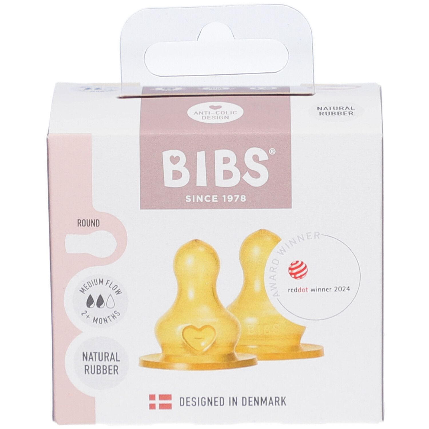 Verpackung mit zwei Latex-Flaschensaugern. BIBS-Logo, roter Punkt-Auszeichnung. Runde Form, mittlere Durchflussmenge.