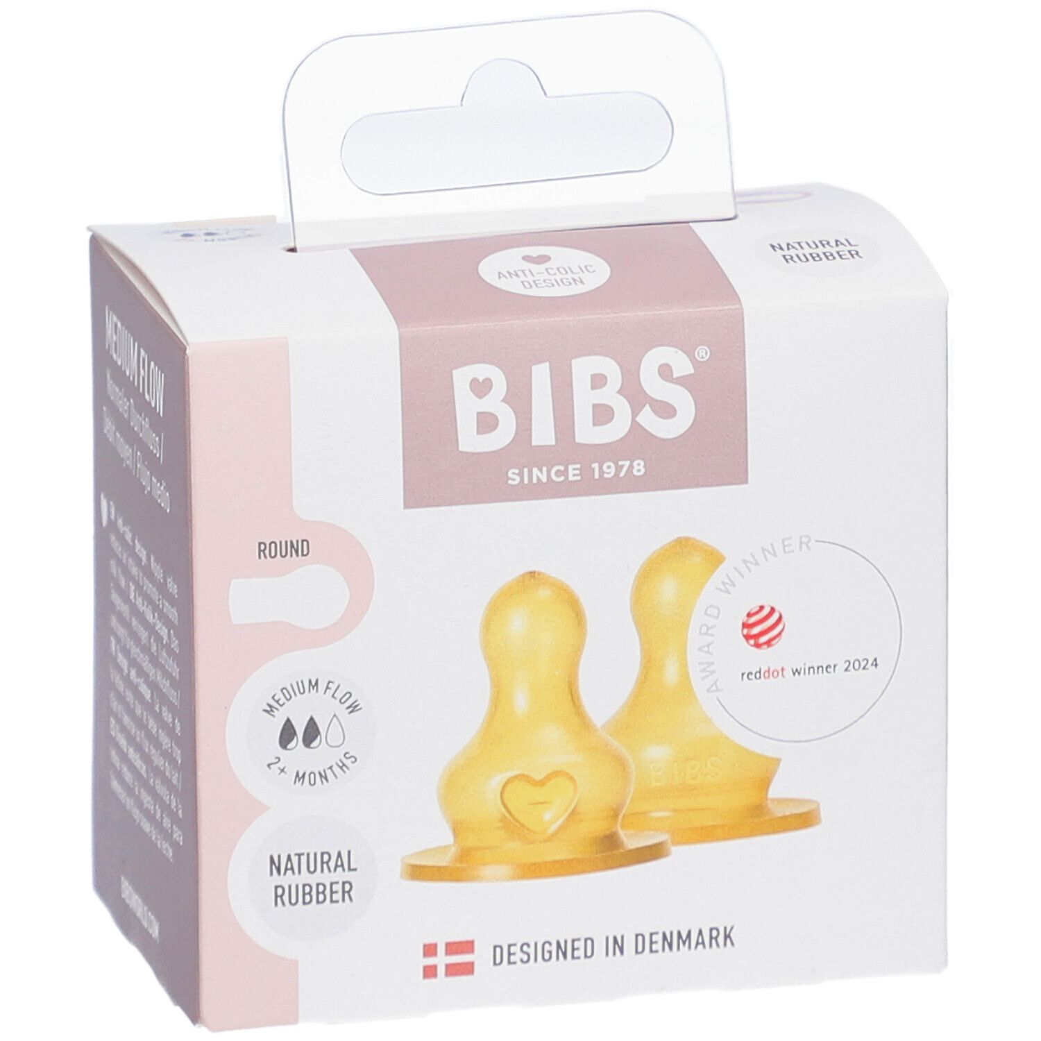 Verpackung mit zwei Latex-Flaschensaugern. BIBS-Logo, roter Punkt-Auszeichnung. Runde Form, mittlere Durchflussmenge.