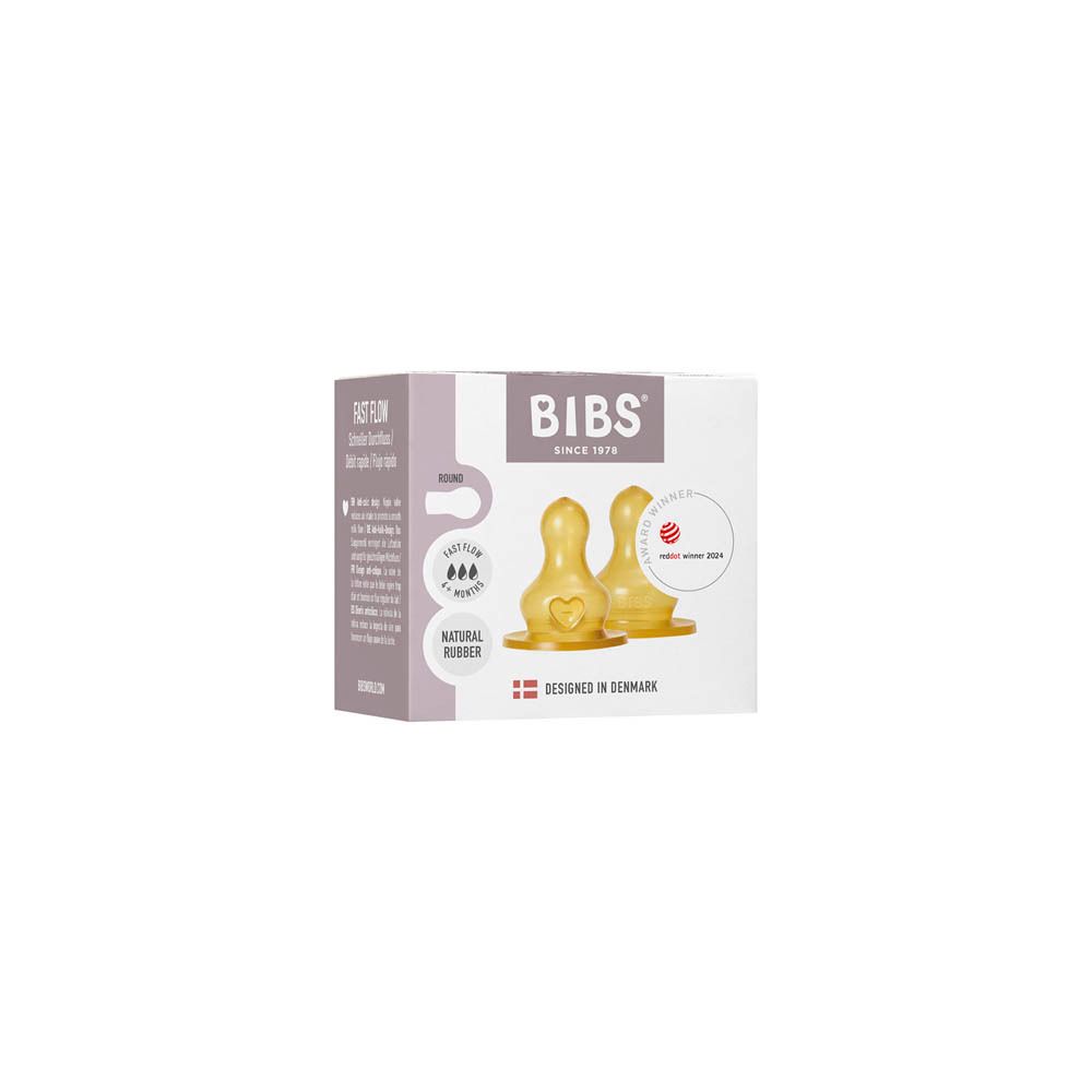 BIBS flesspenen verpakking. Natuurlijk latex, rond, snelle flow, 6+ maanden. Award: Red Dot Winner 2024. Gemaakt in Denemarken.