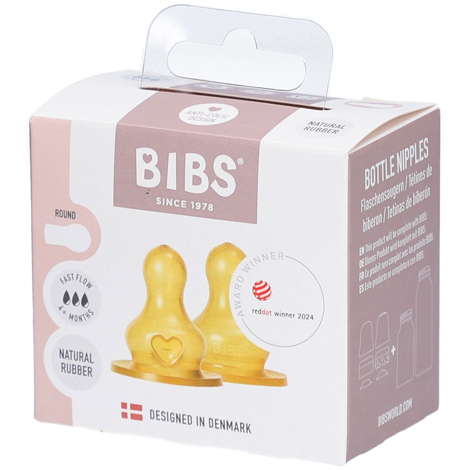BIBS flesspenen 2-pack in verpakking. Natuurlijk latex, rond, 6+ maanden, snelle flow. Award: Red Dot Winner 2024.