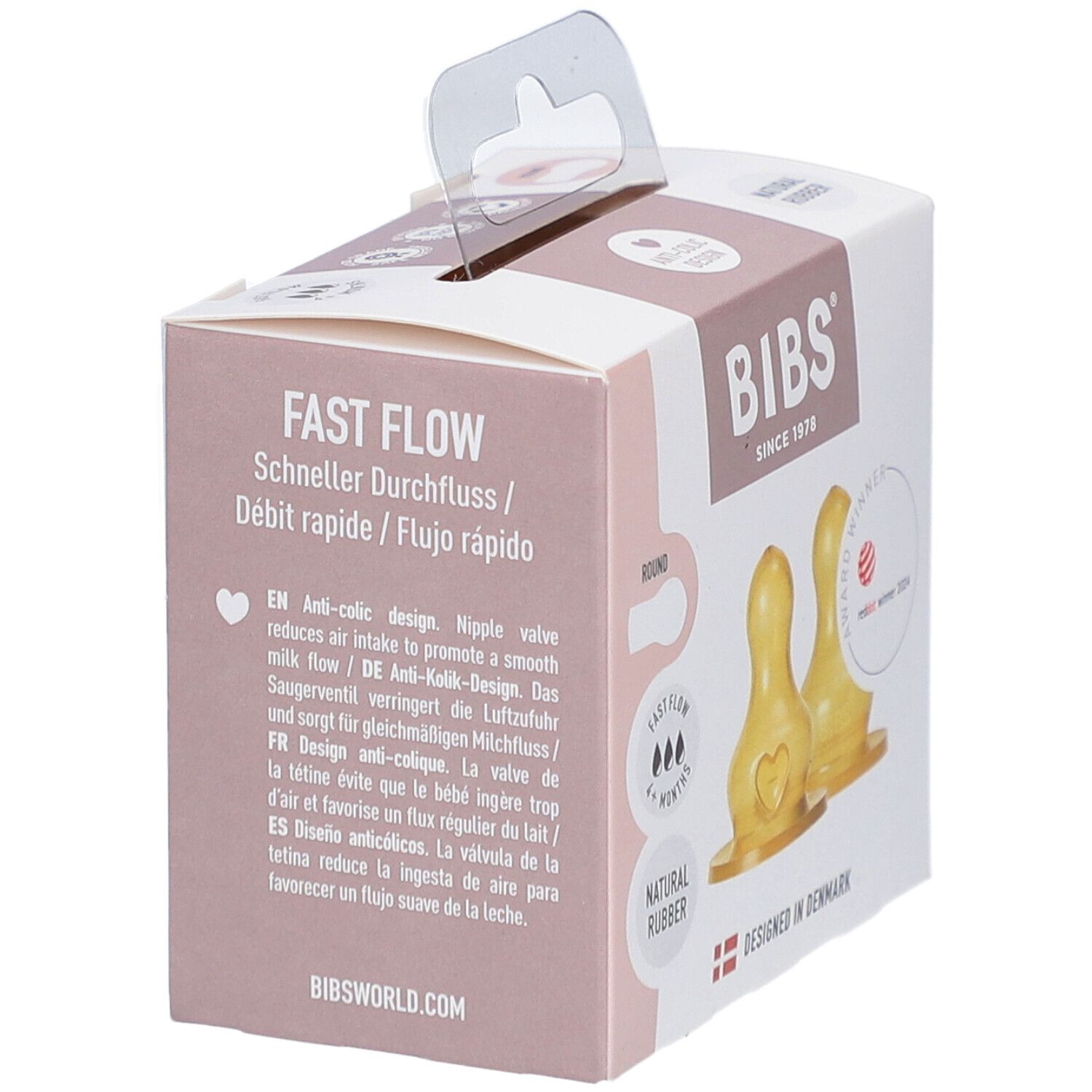 Verpakking met BIBS flesspenen. Snelle flow, anti-koliek design. Natuurlijk latex. Tekst in Duits, Engels, Frans, Spaans.