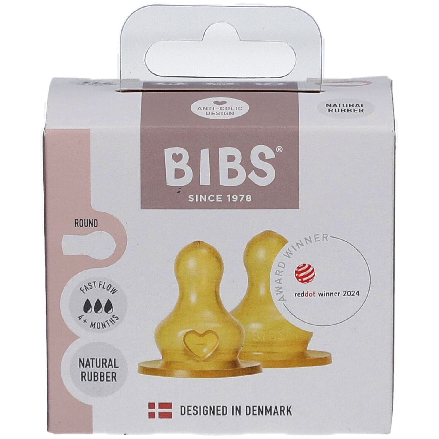 BIBS flesspenen 2-pack in verpakking. Natuurlijk latex, rond, 6+ maanden, snelle flow. Award: Red Dot Winner 2024.
