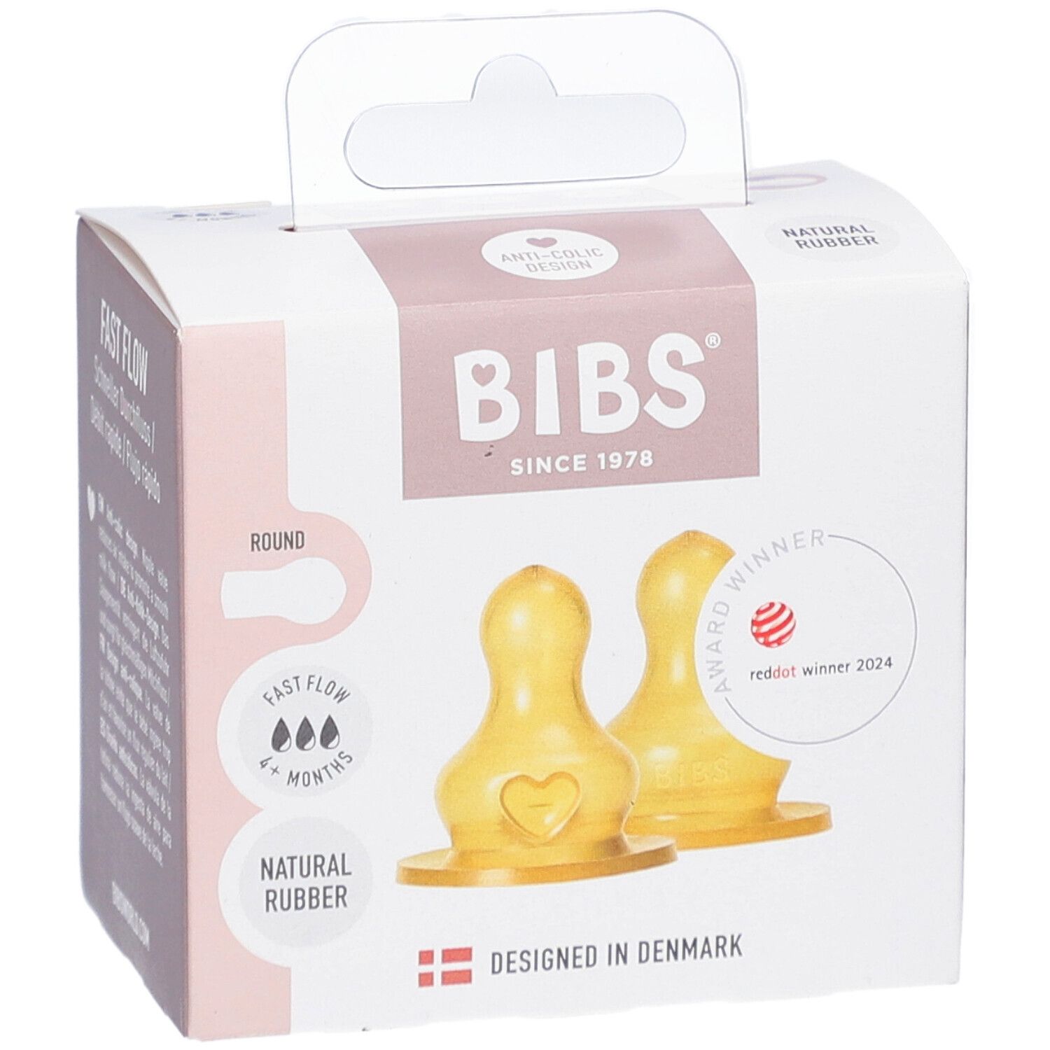 BIBS flesspenen 2-pack in verpakking. Natuurlijk latex, rond, 6+ maanden, snelle flow. Award: Red Dot Winner 2024.