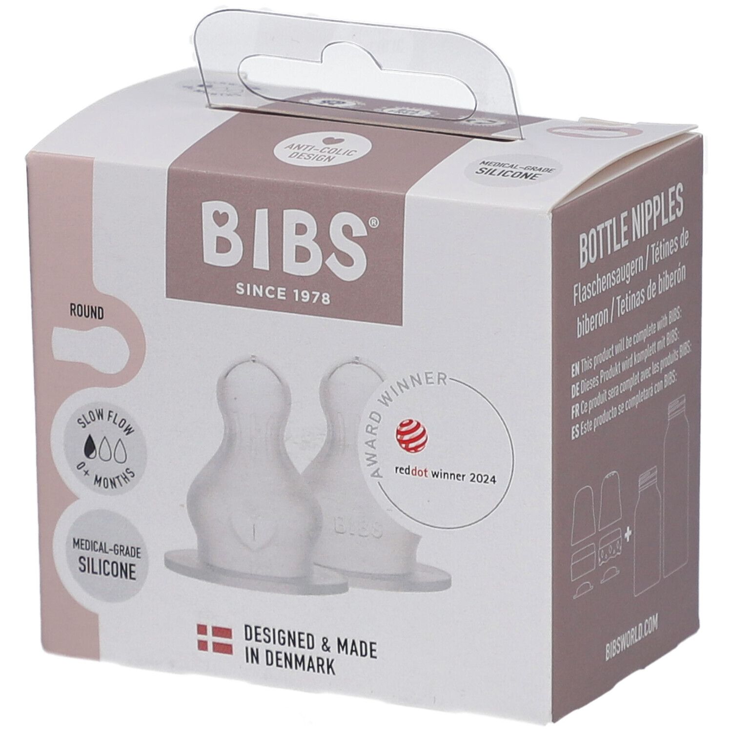 Verpackung mit zwei BIBS-Silikon-Flaschensaugern. Runde Form, 0+ Monate, Anti-Kolik-Design, medizinischer Silikon.