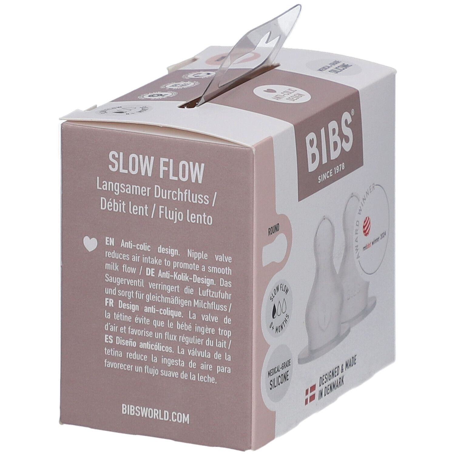 Verpackung mit zwei BIBS-Flaschensaugern. Runde Form, langsamer Durchfluss, 0+ Monate, Anti-Kolik-Design, Silikon.