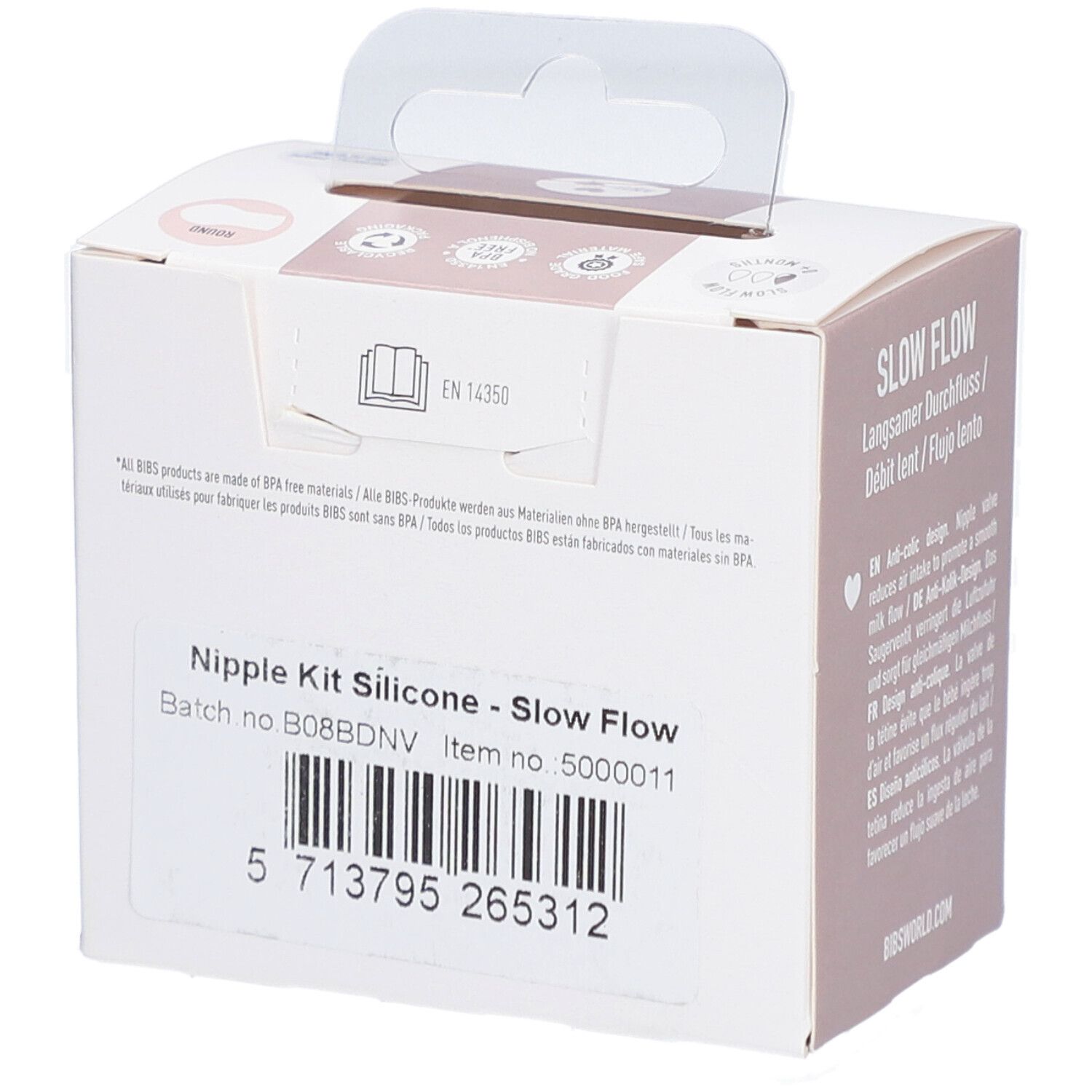 Verpackung mit zwei BIBS-Flaschensaugern. Runde Form, langsamer Durchfluss, 0+ Monate, Anti-Kolik-Design, Silikon.