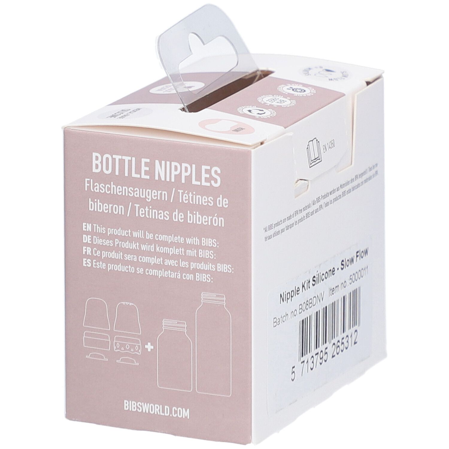 Verpackung mit zwei BIBS-Flaschensaugern. Runde Form, langsamer Durchfluss, 0+ Monate, Anti-Kolik-Design, Silikon.