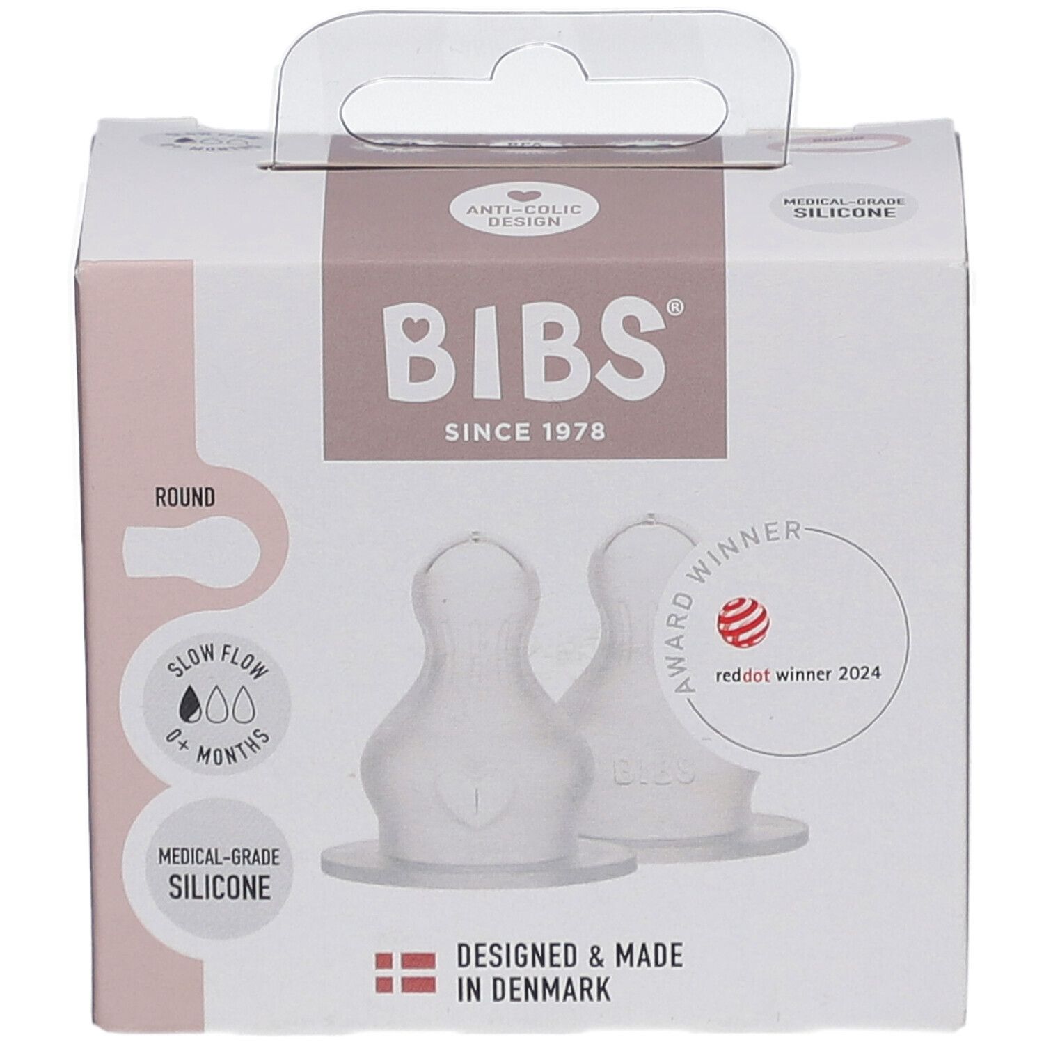 Verpackung mit zwei BIBS-Flaschensaugern. Runde Form, 0+ Monate, Anti-Kolik-Design, medizinischer Silikon.